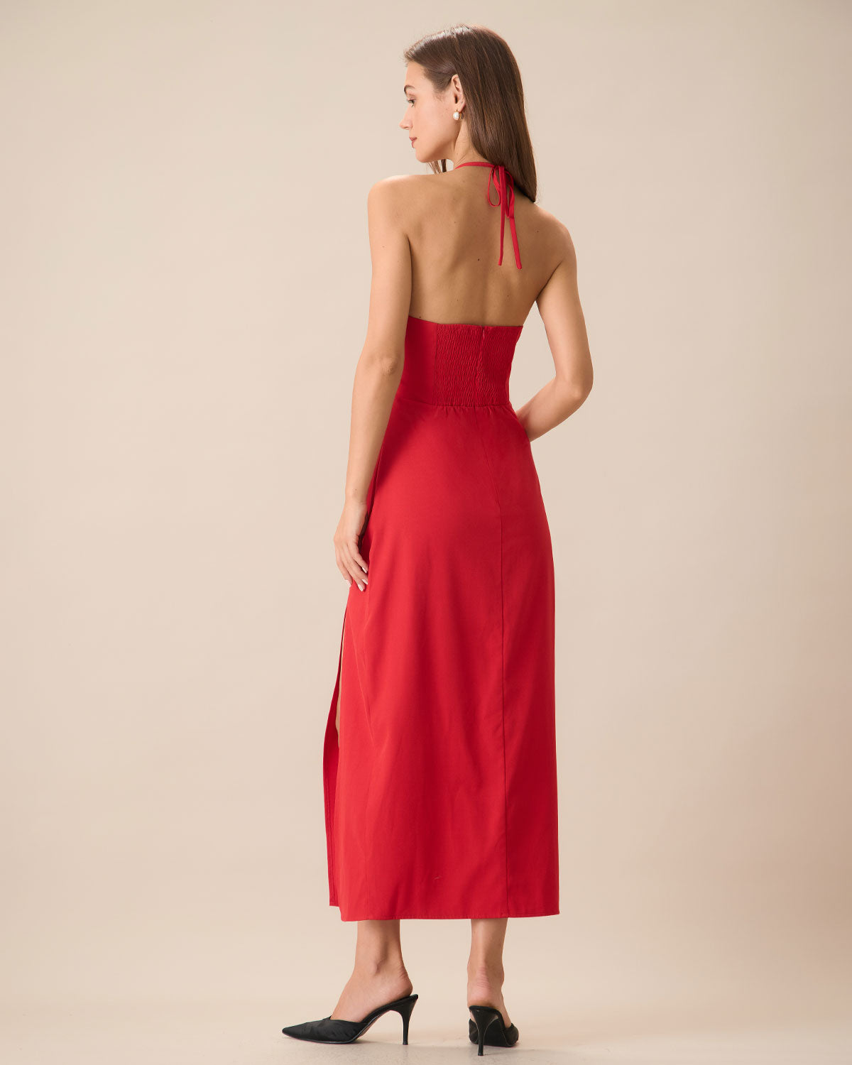 Women's Red Shirred Halter Maxi Dress - Flowy Summer Beach Dress for Vacation, Party & Date Night