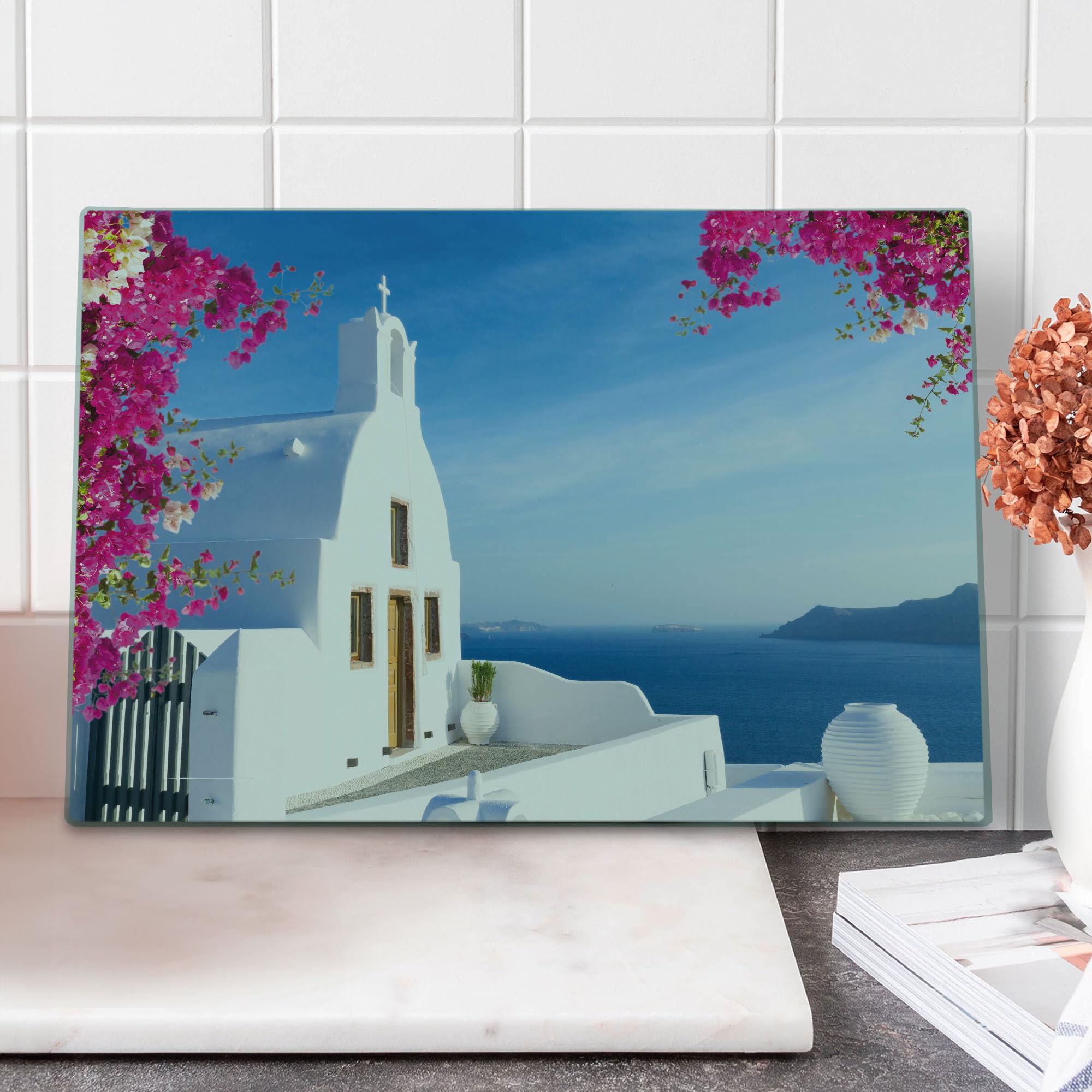 Lunarable Tempered Glass Cutting Board - Santorini Island Greek Mediterranean Sea Coast Design - Large Decorative Serving Board for Kitchen, Travel & Picnics - Hot Pink, White & Sky Blue - Perfect for Entertaining, Camping & Gifts