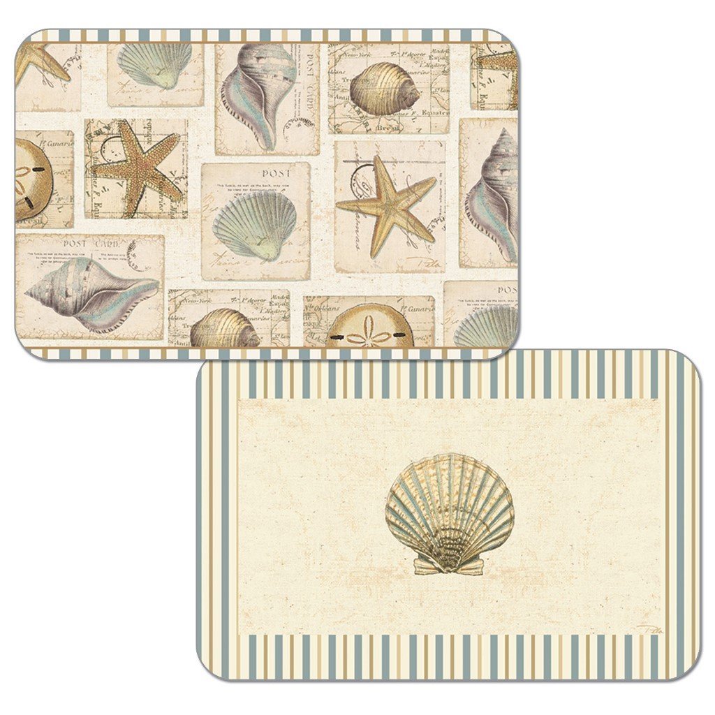 Set of 4 Reversible Washable Plastic Placemats - Starfish & Shell Theme Coastal Decor for Dining Table, Kitchen, and Beach House
