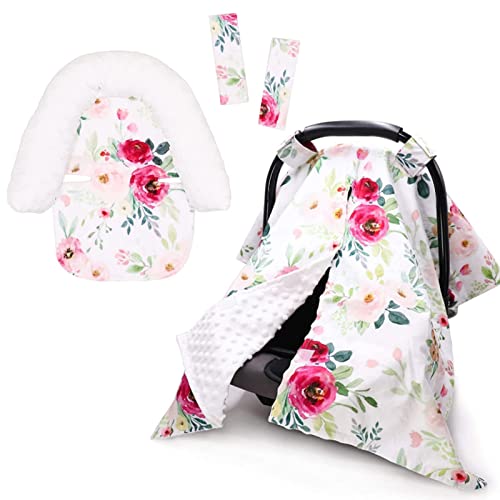 Peekaboo Opening Car Seat Cover for Babies - Floral Minky Car Seat Canopy with Headrest Strap Covers & Seat Belt Protector | Infant Car Accessories for Comfort & Safety | Perfect for Travel, Shopping & Daily Commutes