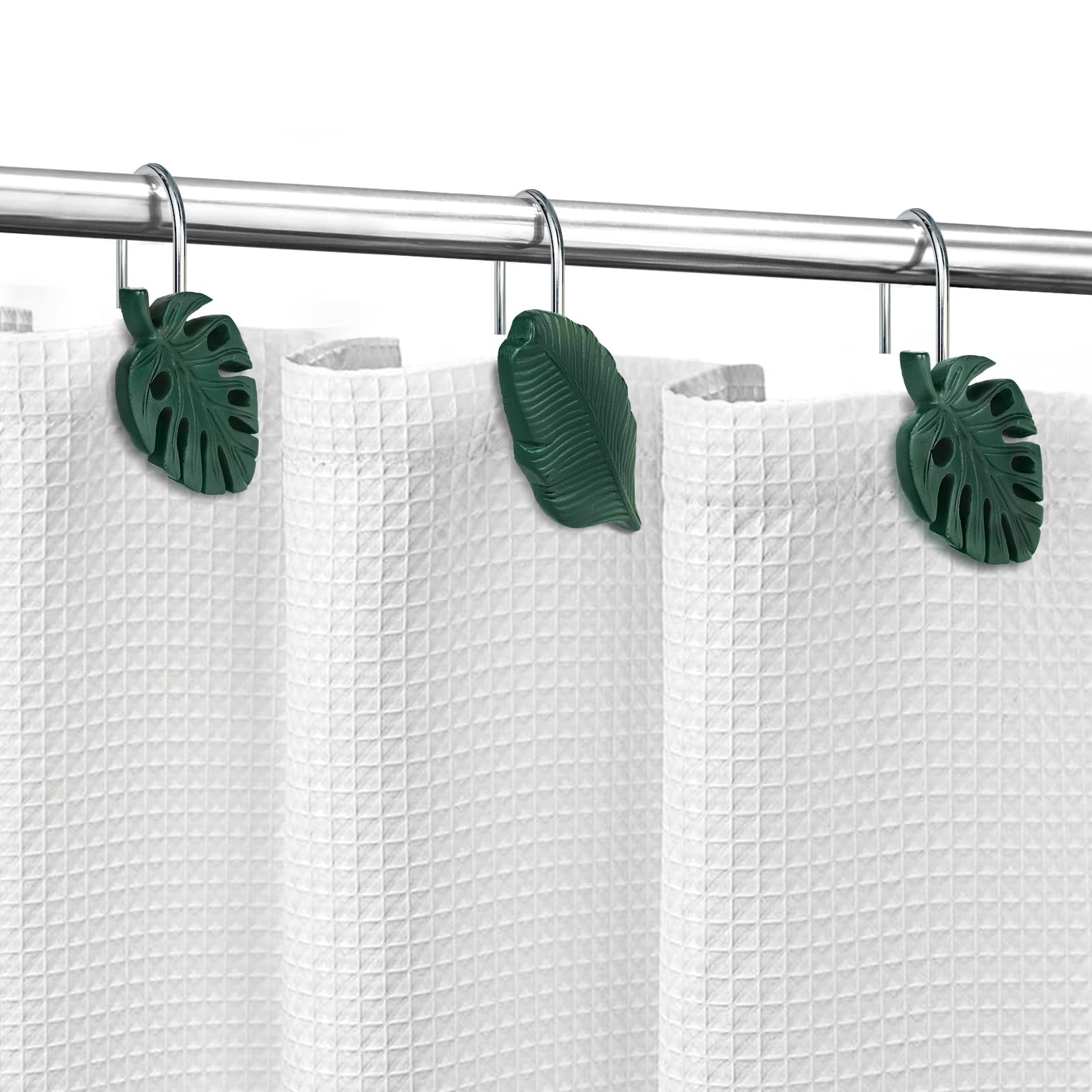 Tropical Leaf Shower Curtain Hooks - Set of 12 Dark Green Botanical Bathroom Accessories with Monstera & Bird of Paradise Design, Durable Resin Shower Rings for Spa-Like Bathroom Decor