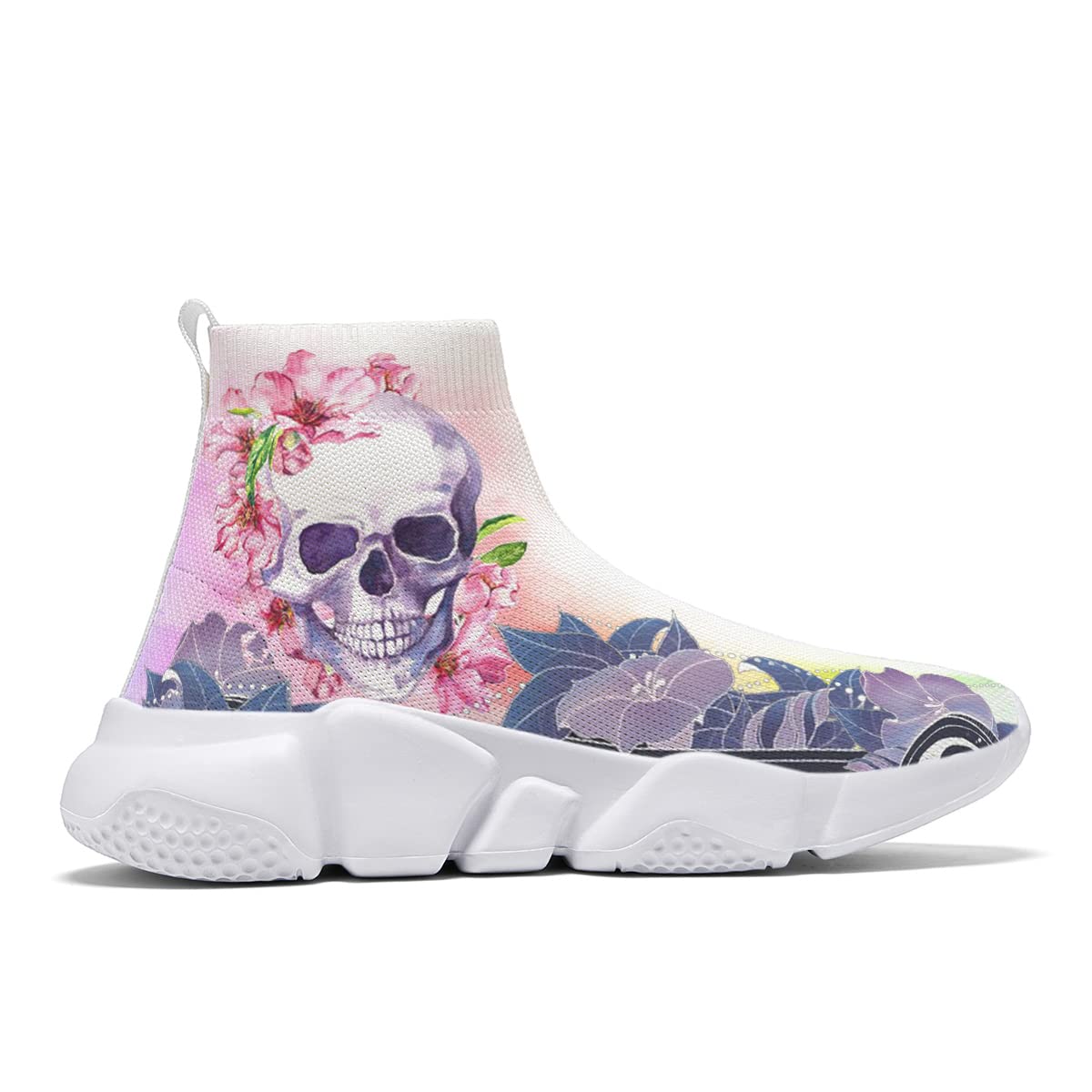 Hetios Women's Fashion Skull Print Slip-On Sneakers - Breathable Knit Running Shoes for Jogging, Walking & Casual Wear - White Athletic Shoes for Women - Perfect for Gym, Workout & Daily Outfits