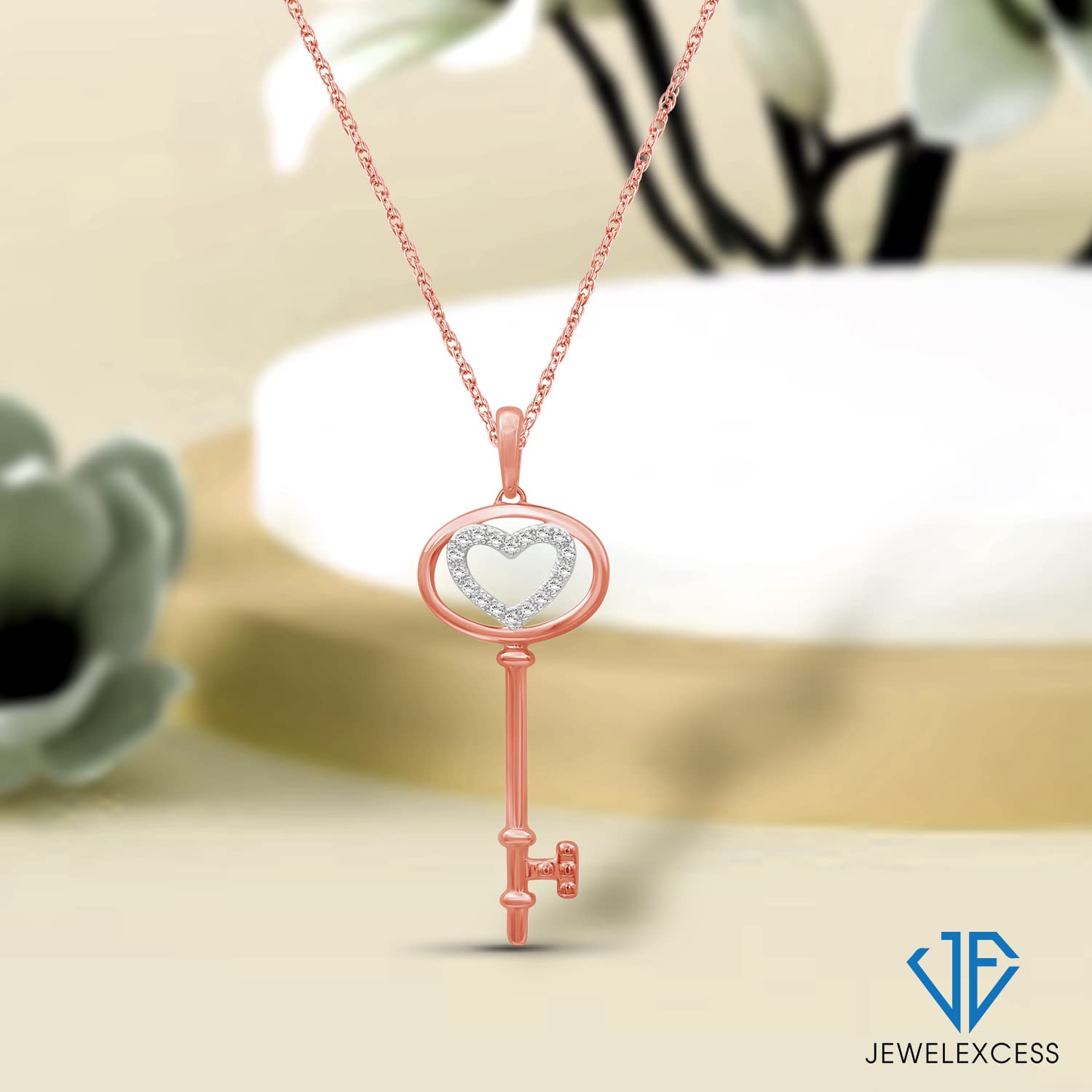 JEWELEXCESS 14K Rose Gold Plated Sterling Silver Key Pendant with White Diamond Accent - Elegant Jewelry Gift for Women, Perfect for Valentine's Day, Anniversary & Special Occasions