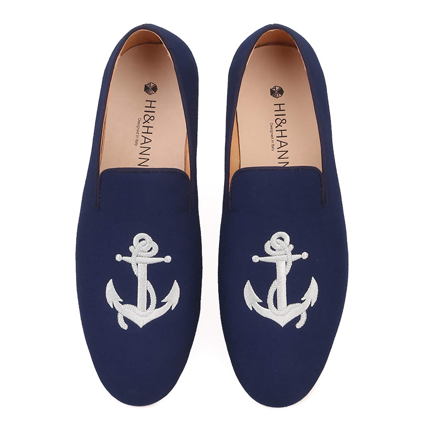 HI&HANN Men's Canvas Loafers with Anchor Embroidery - Slip-On Dress Shoes for Casual & Formal Wear - Smoking Slippers & Comfortable Flats for Men - Perfect for Office, Parties, and Everyday Use