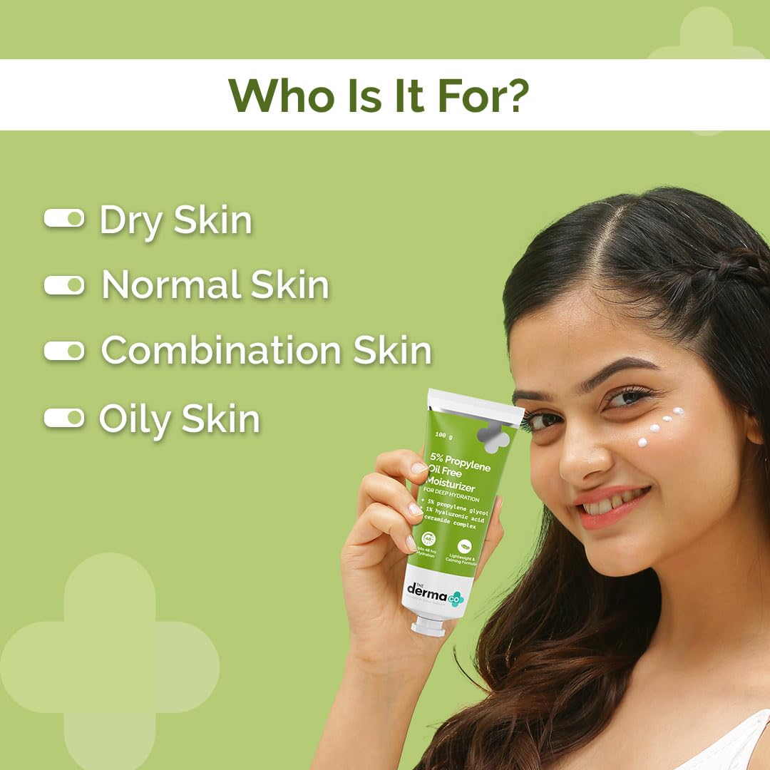 The Derma Co 5% Propylene Oil-Free Face Moisturizer with Hyaluronic Acid - 48 Hour Hydration for Oily Skin - Lightweight Non-Greasy Formula - Perfect for Daily Use & Travel Skincare Routine (100g)