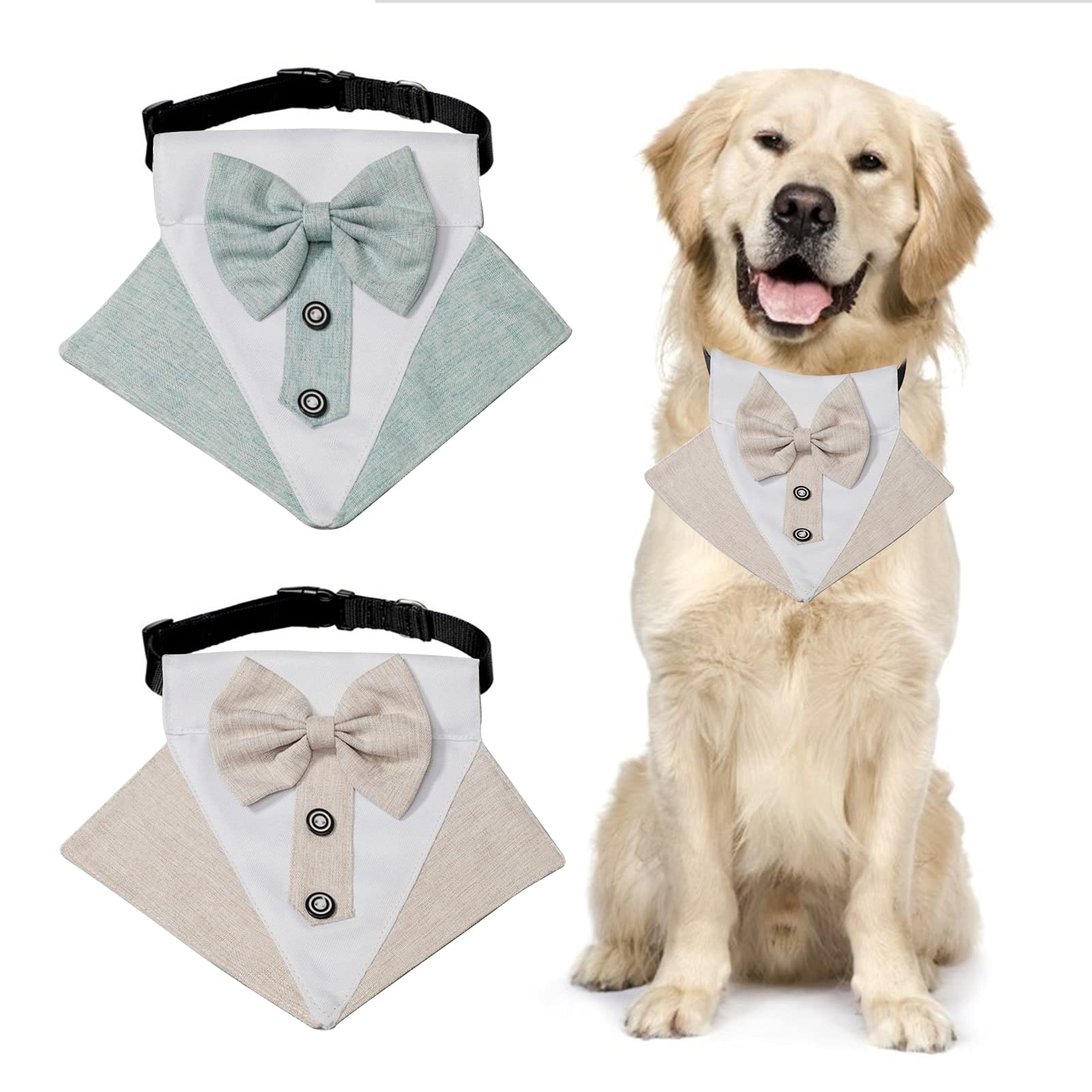 2 PCS Adjustable Dog Tuxedo Bandana Collar - Formal Wedding Bowtie Neckerchief for Large Dogs (Green & Khaki) - Perfect for Weddings, Parties & Special Occasions