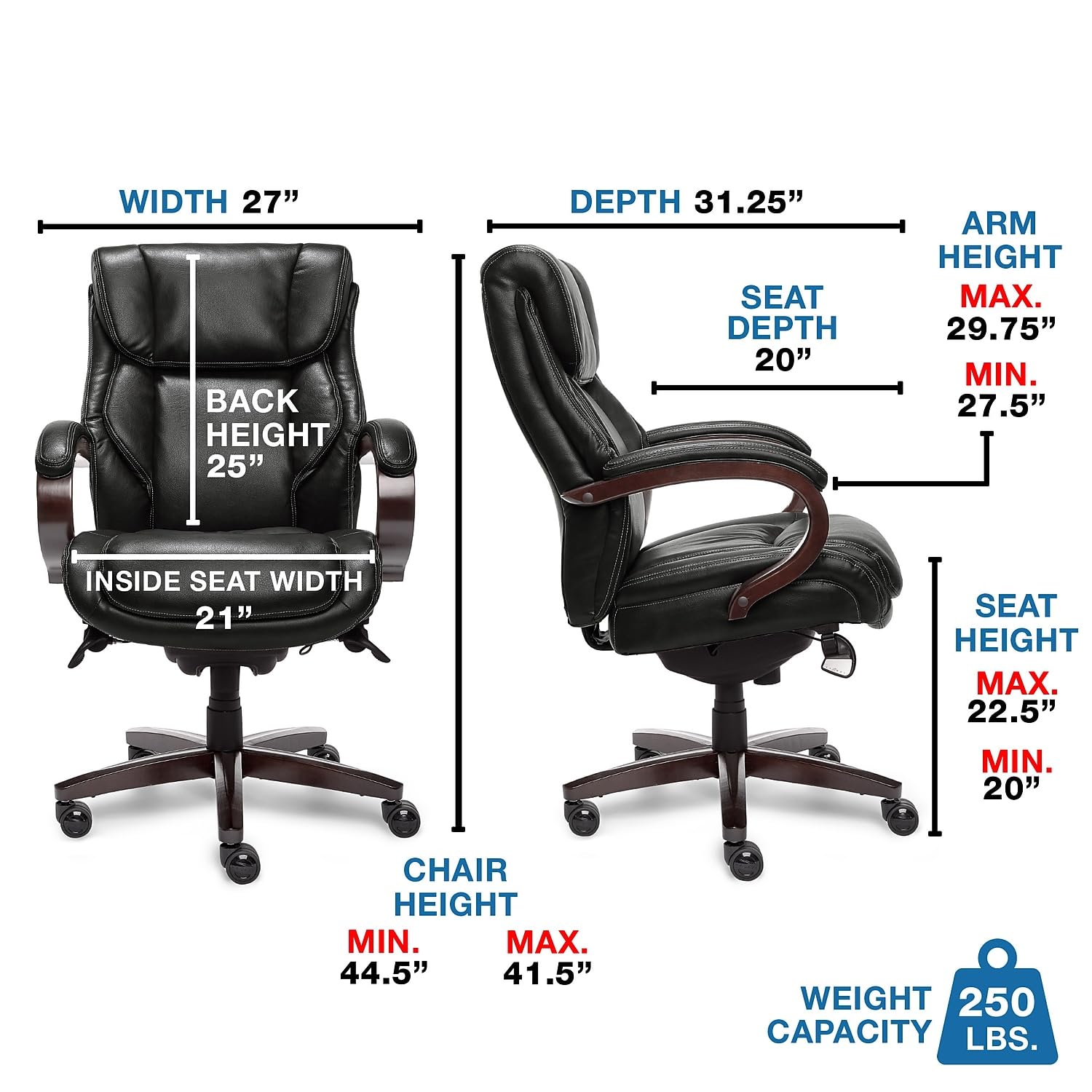 La-Z-Boy Bellamy Executive Office Chair - Memory Foam Cushions, Real Wood Arms, Swivel Base & Waterfall Seat Edge - Faux Bonded Leather in Black - Perfect for Home Office, Conference Rooms & Executive Suites