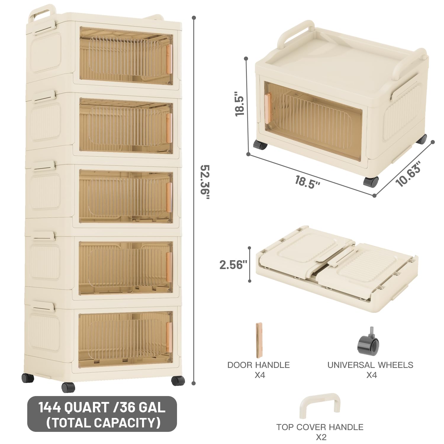 36 Quart Collapsible Storage Bins with Lids, Wheels & Doors - 5 Pack Foldable Plastic Storage Containers for Home, Dorm & Closet Organization | Stackable, Space-Saving Design for Bedroom, Garage & Office Storage Solutions