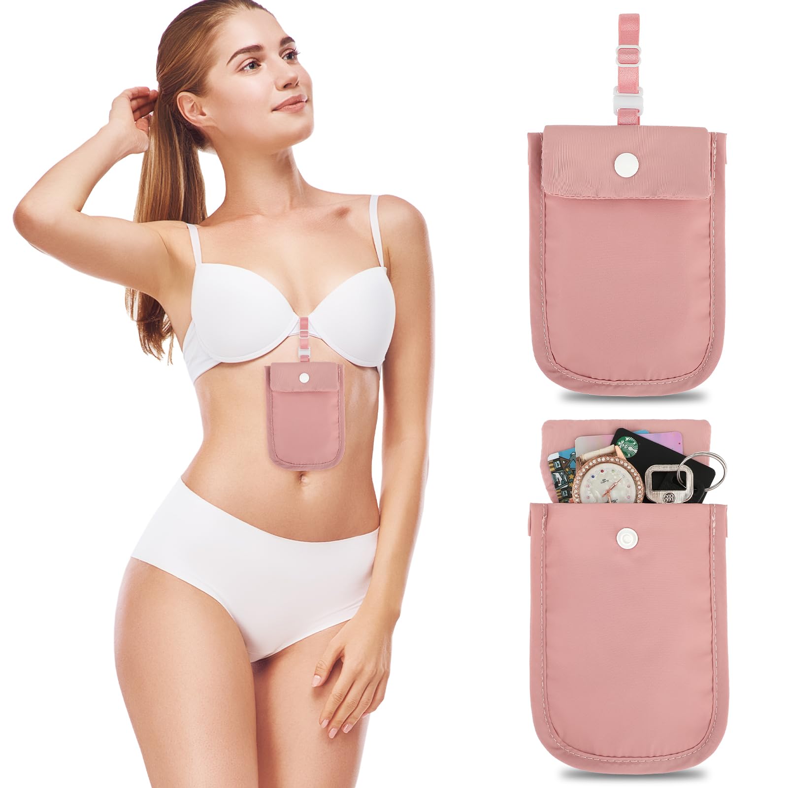 Ouligay Women's Hidden Travel Bra Wallet with Adjustable Strap - Undercover Money Pouch for Cash, Credit Cards & Valuables - Perfect for Travel, Gym & Everyday Security (Pink)