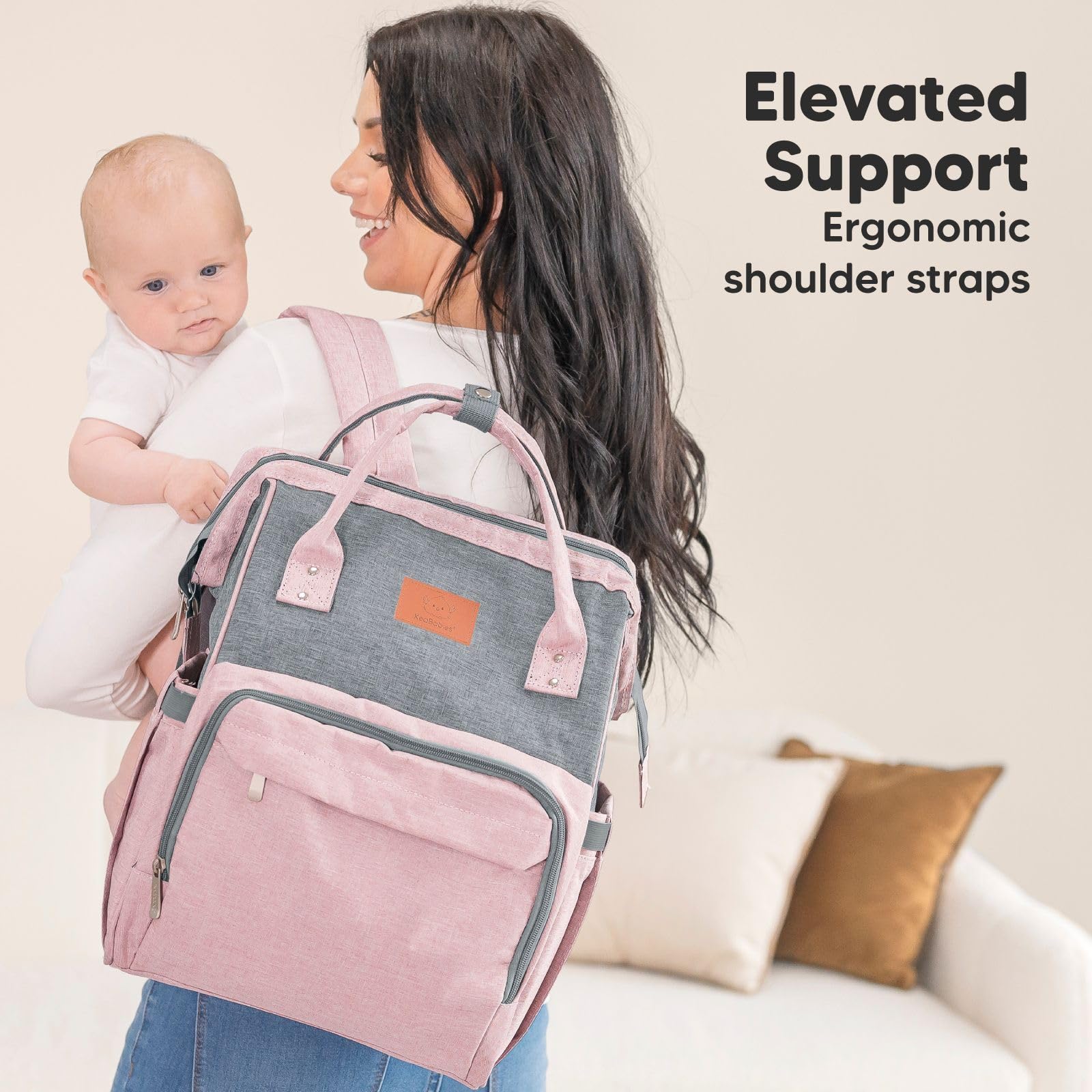 KeaBabies Waterproof Baby Diaper Backpack - Large Multi-Functional Travel Diaper Bag with Changing Pad for Boys & Girls, Durable Parenting Essentials for Moms & Dads (Pink Gray) - Perfect for Daycare, Travel, Outings & Daily Use