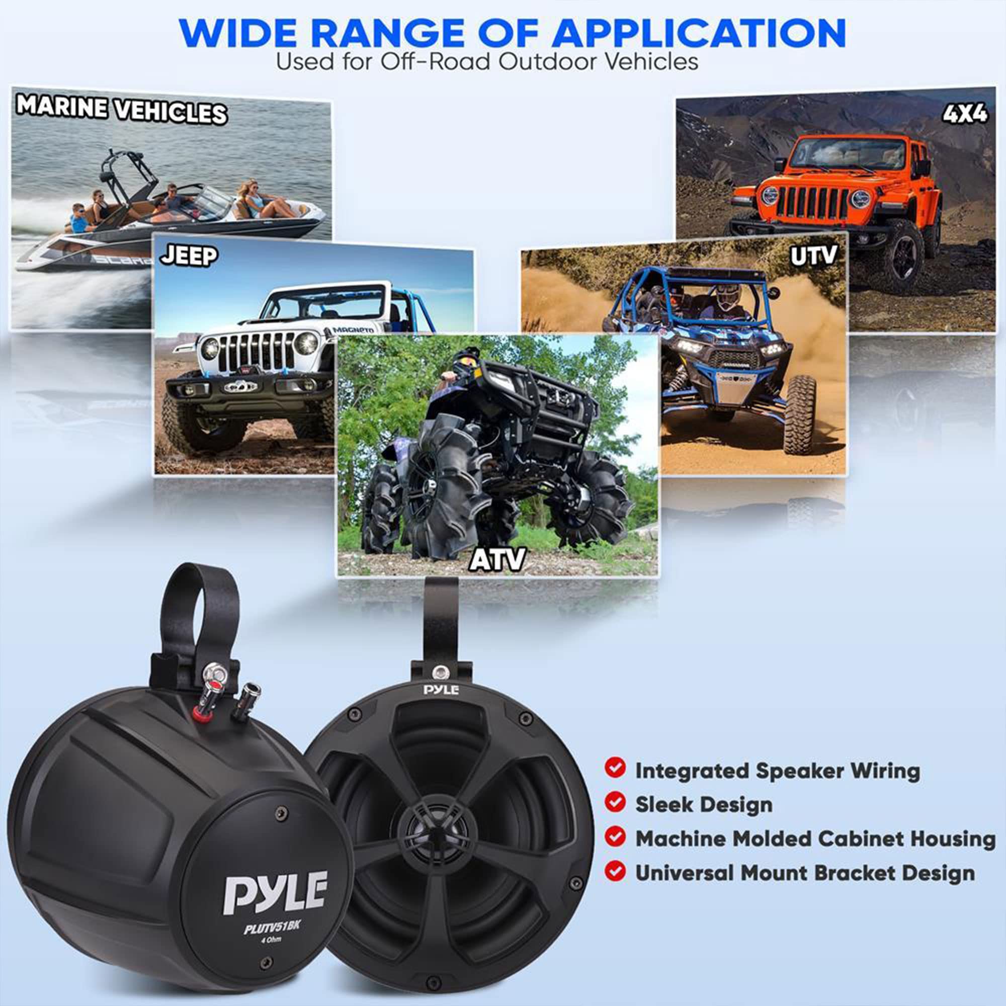 Pyle PLUTV52CH 1000W 5.25 Inch Waterproof Marine Speakers with Built-in Amplifier - 2-Channel Off-Road Audio System for ATV, UTV, Jeep, Boat & Wakeboard Towers - Durable Outdoor Stereo Speakers for Beach Parties, Poolside Lounging & Off-Grid Adventures