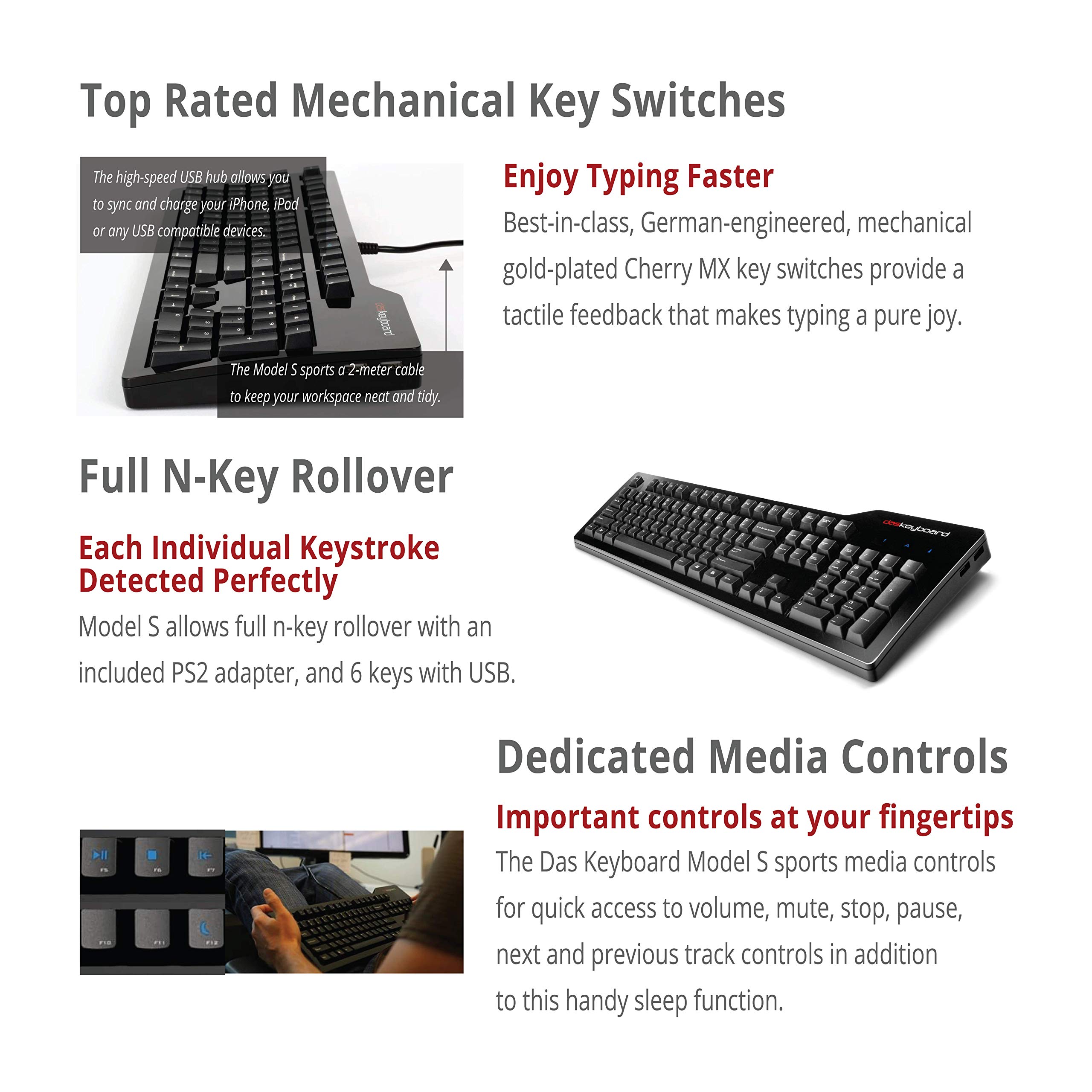 Das Keyboard Model S Wired Mechanical Keyboard with Cherry MX Blue Switches - 2-Port USB Hub & Laser Etched Keycaps (104 Keys, Black) - Perfect for Gaming, Programming & Office Work