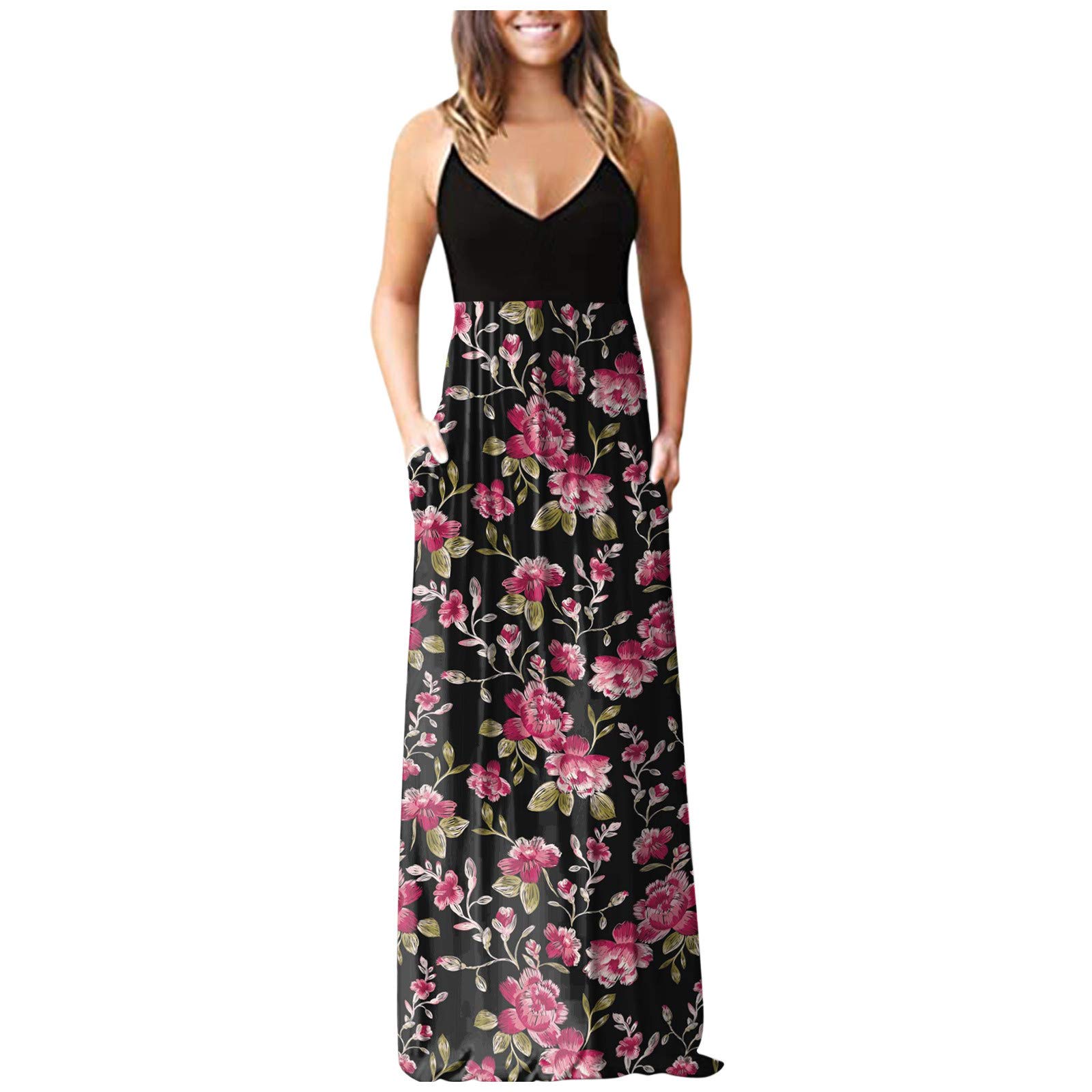 Women's Floral Print Sleeveless Maxi Dress with Pockets - Casual Loose Beach Dress for Summer Vacations, Pool Parties & Outdoor Events