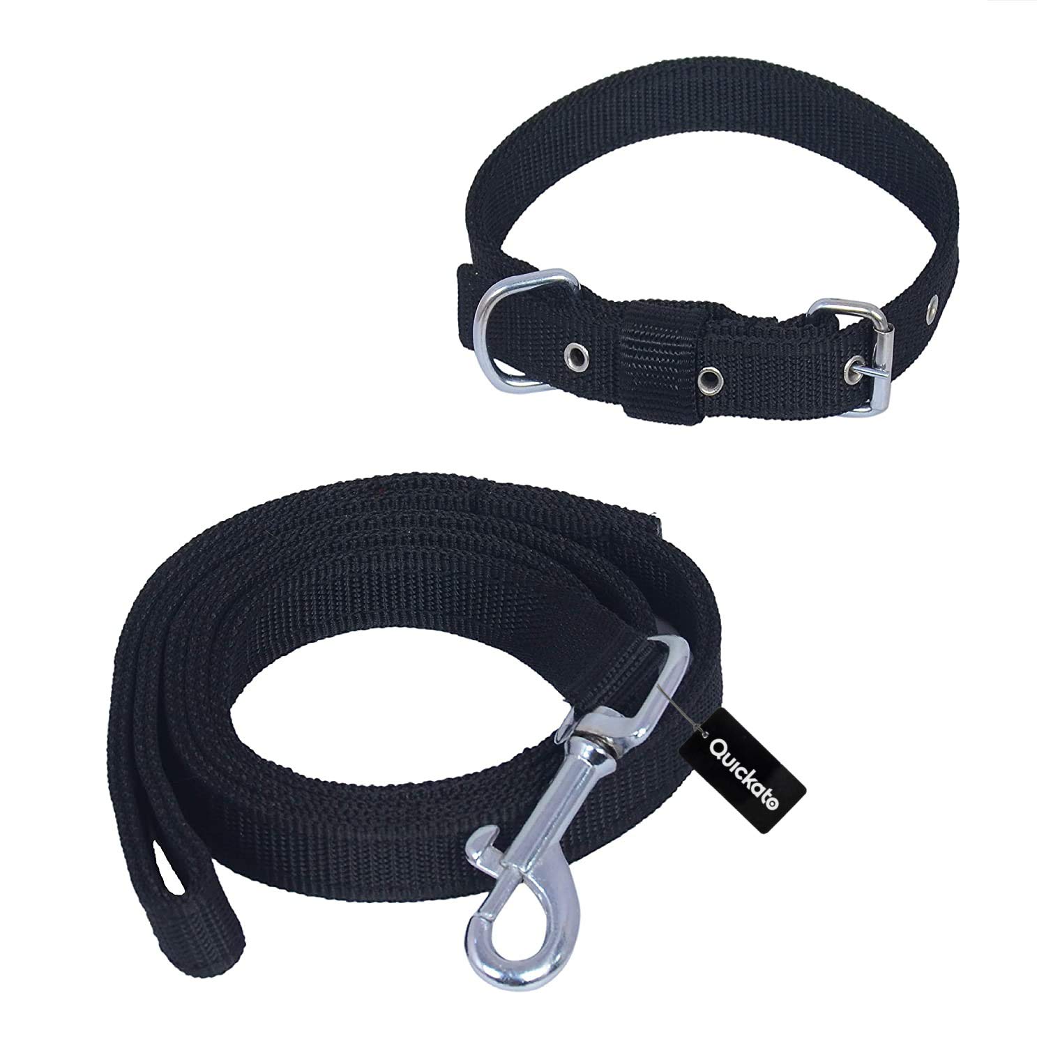 Quickato Adjustable Dog Collar & Leash Set - Breathable Fabric, Soft Handle for Medium/Small Dogs Under 30kg (Black) - Perfect for Walking, Training & Outdoor Adventures
