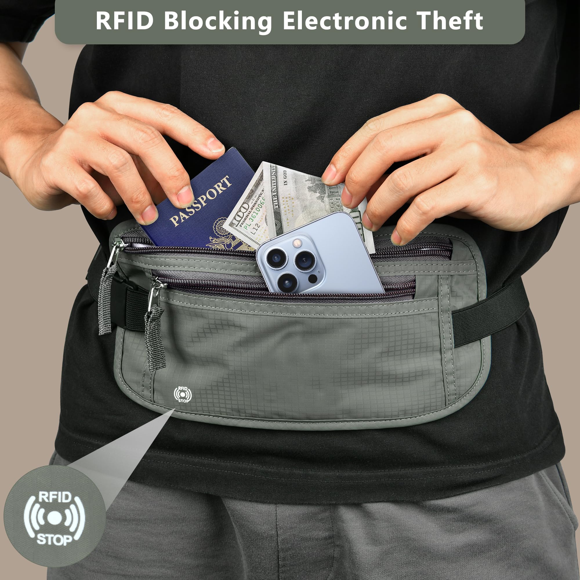 RFID Blocking Travel Money Belt & Passport Holder - Slim Anti-Theft Waist Wallet for Men & Women - Secure Cash, Credit Cards & Travel Essentials (Army Green) - Perfect for Airports, Sightseeing & International Trips