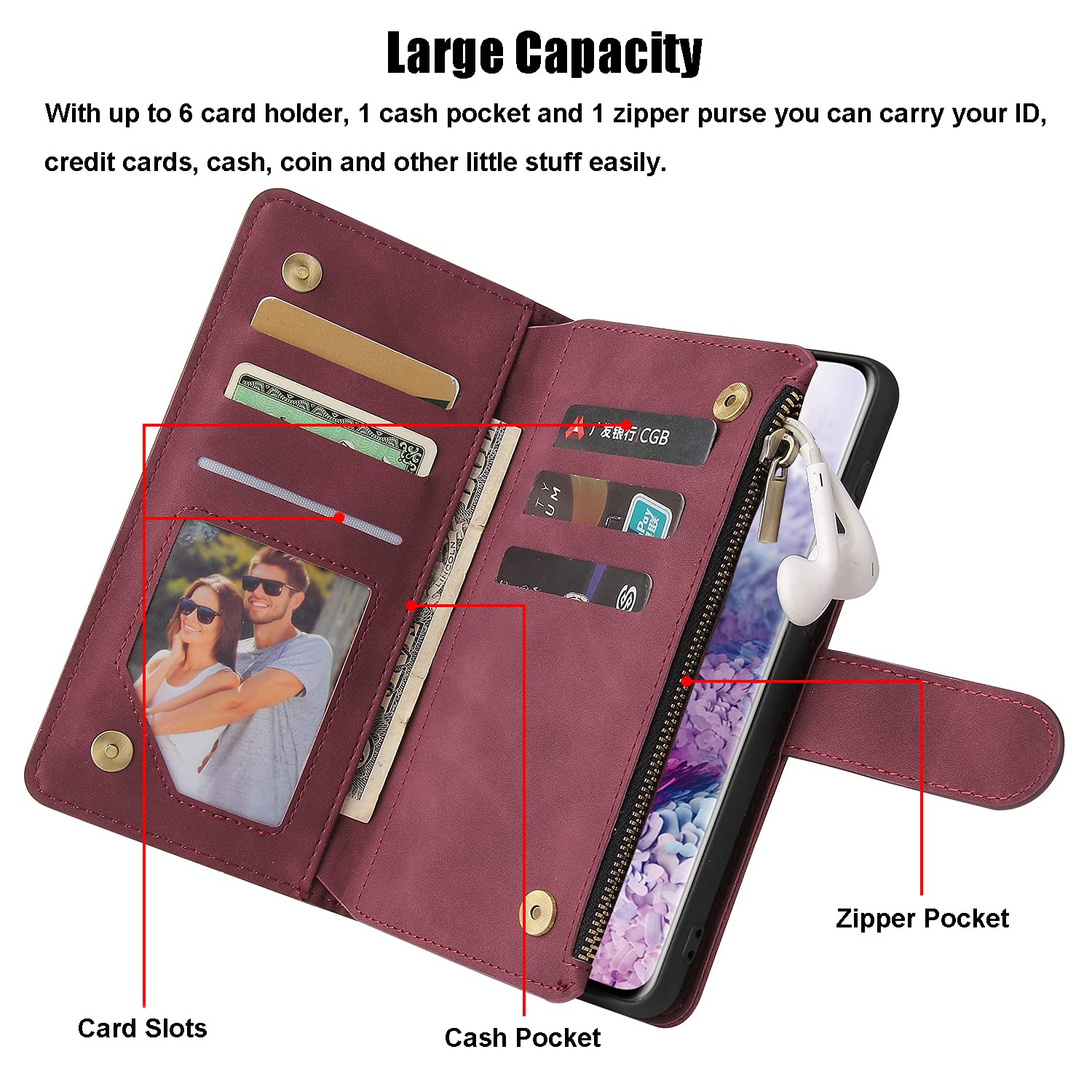 QLTYPRI Samsung Galaxy S24 Ultra 5G Wallet Case - Genuine Leather Flip Cover with 6 Card Slots, Zippered Coin Pocket, Kickstand & Wrist Strap - Protective Phone Case for Business & Travel Use