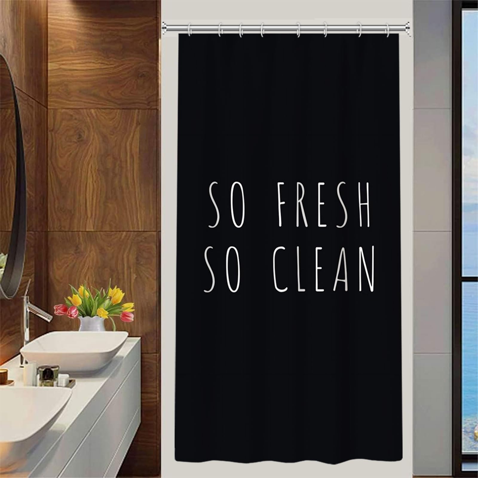 Yeele Black Funny Modern Shower Curtain - 'SO Fresh SO Clean' Letter Print Waterproof Polyester Fabric Bathroom Decor (48x72 inches with 12 Hooks) | Perfect for Small Bathrooms, Apartments & Dorm Decor