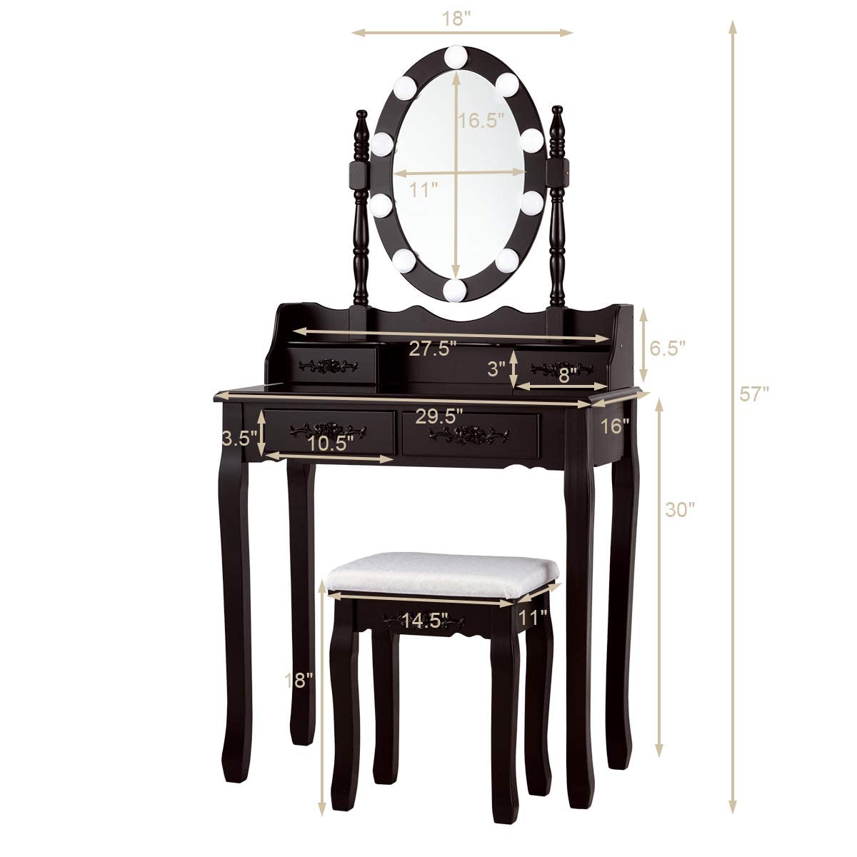 Giantex LED Makeup Vanity Table with Adjustable Brightness & 3 Light Modes - 10 LED Lights, Rotatable Mirror, 4 Drawers & Cushioned Stool - Dressing Table for Bedroom, Home Decor & Beauty Salon (Espresso) - Perfect for Makeup Application, Skincare Routine & Hair Styling