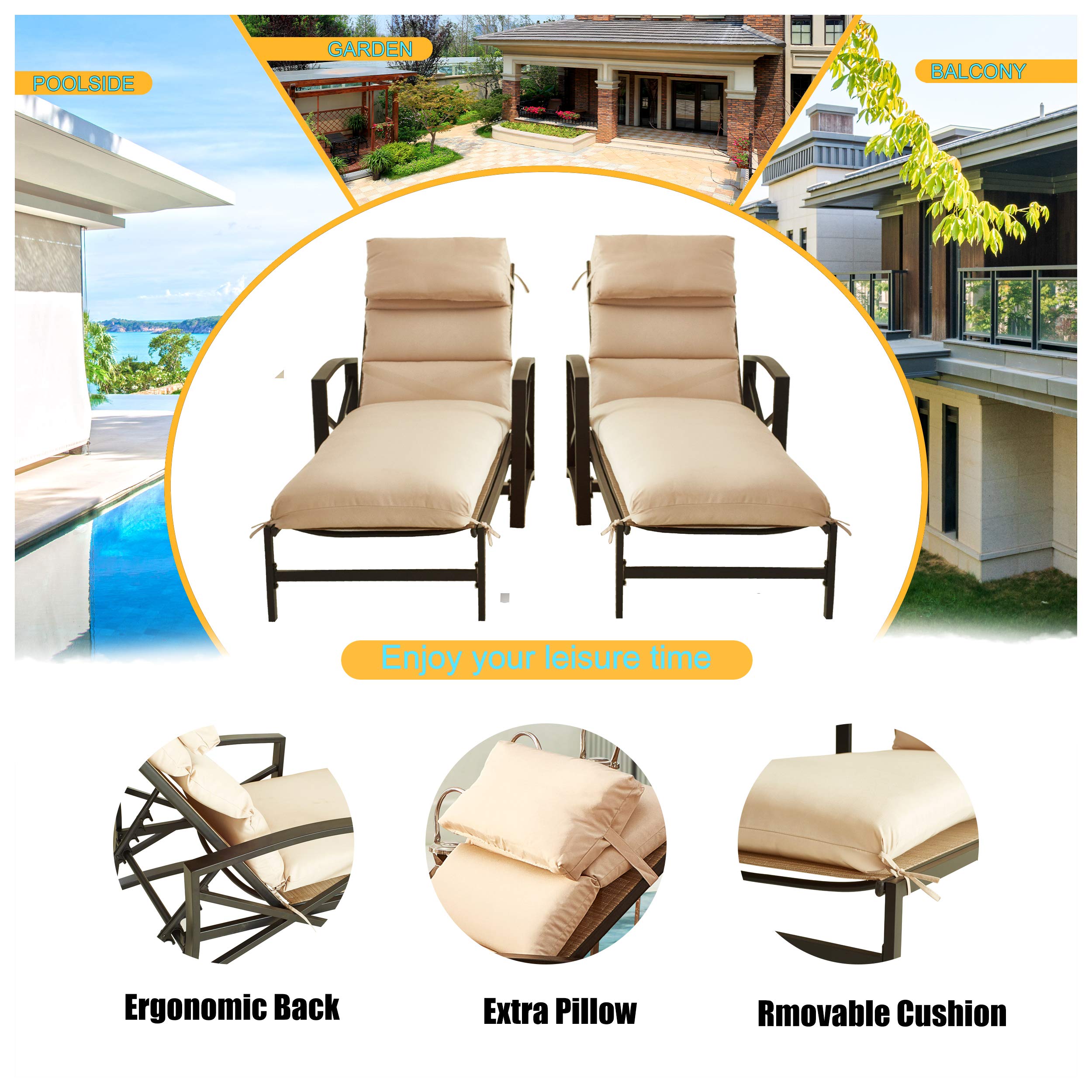LOKATSE HOME 2-Piece Outdoor Patio Chaise Lounge Set with Removable Blue Cushions & Pillows, Adjustable Backrest & Armrests - Perfect for Beach, Poolside, Balcony, Backyard & Garden Relaxation (Khaki)