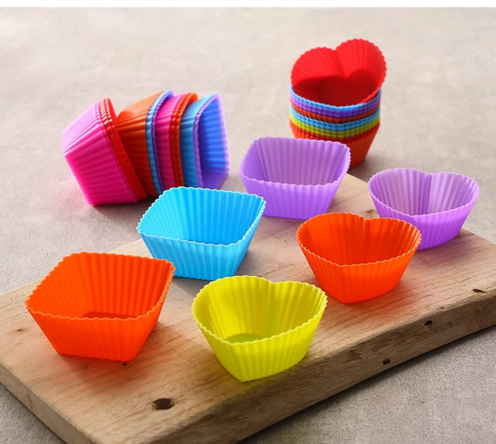 A-XINTONG 30-Pack Reusable Silicone Muffin Cups - Square & Heart Shaped Nonstick Baking Molds (2.75x2.75x1.18 inch) for Cupcakes, Truffles, Chocolate Candies - Perfect for Home Baking, Party Desserts & DIY Cake Decorating