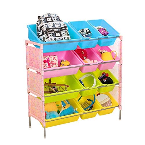 SHIJIANX 4-Tier Kids Toy Organizer with 12 Plastic Bins - Large Pink Toy Storage Shelf for Playroom & Nursery (81 x 28 x 80cm) | Perfect for Organizing Stuffed Animals, LEGOs & Action Figures