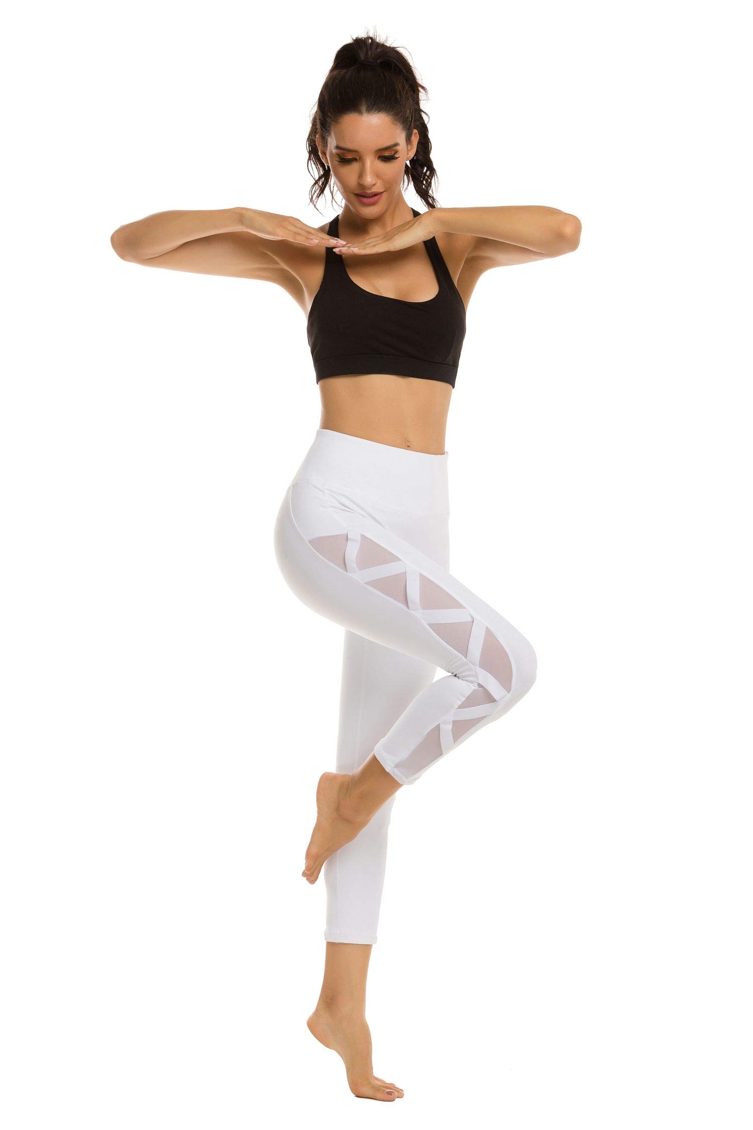 Romansong Women's High Waisted Yoga Pants with Pockets - 4-Way Stretch Mesh Capri Leggings for Workout, Non See-Through Tummy Control - Perfect for Yoga, Gym, Running & Daily Wear