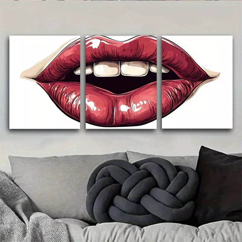 3-Piece Trendy Fashion Modern Pop Art Bold Red Lips Wall Art Set - Framed Canvas 40x60cm (16x24in) - High Quality Print - 100% Australian Made - Ready to Hang - Perfect for Living Room, Bedroom or Office Decor