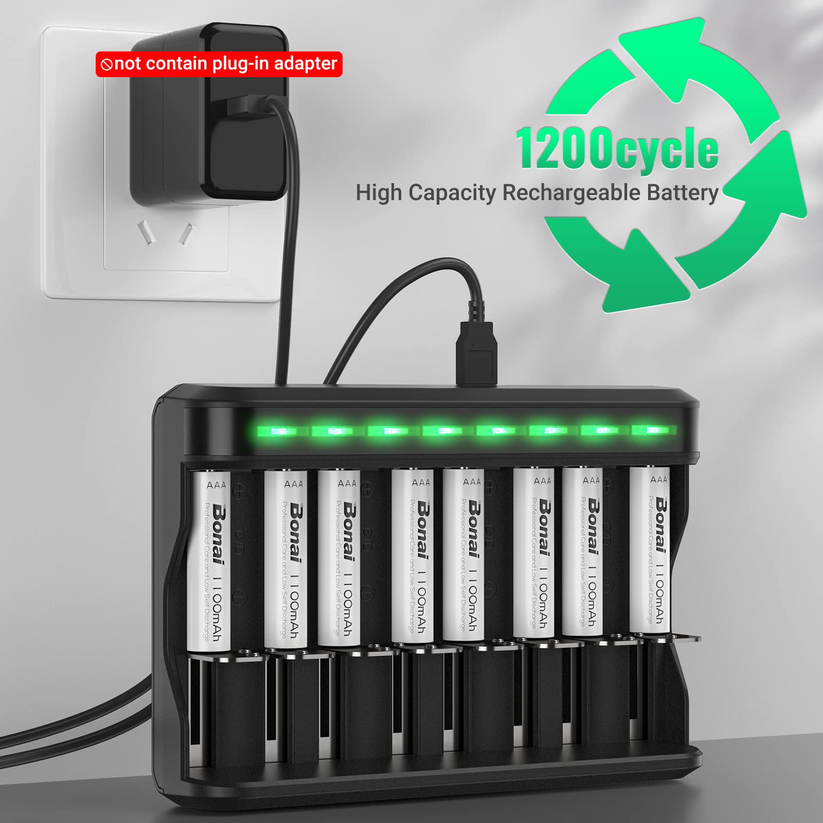 BONAI Rechargeable AAA Batteries 8-Pack 1100mAh with 8 Bay Fast Charger - NiMH/NiCD Battery Charger for AA AAA C D Batteries - Perfect for Cameras, Toys, Flashlights & Electronic Devices