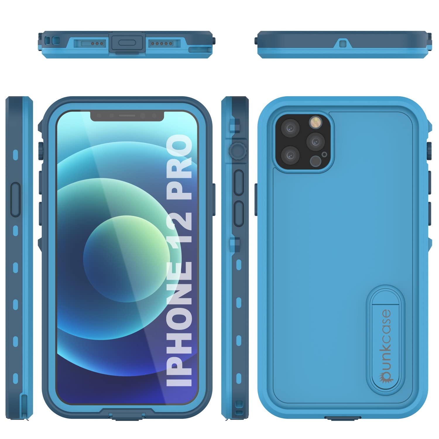 Punkcase iPhone 12 Pro Waterproof Case - IP68 Certified Slim Armor Cover with Built-in Screen Protector & Kickstand | Shockproof Protective Phone Case for iPhone 12 Pro (6.1 inch) 2020 Model | Perfect for Outdoor Activities, Swimming & Extreme Sports [Blue]