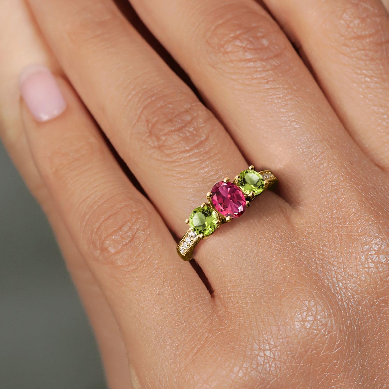 2.07 Ct Oval Pink Tourmaline & Green Peridot 18K Gold Plated Silver Ring for Women | Gem Stone King | Elegant Jewelry Gift for Birthday, Anniversary & Special Occasions