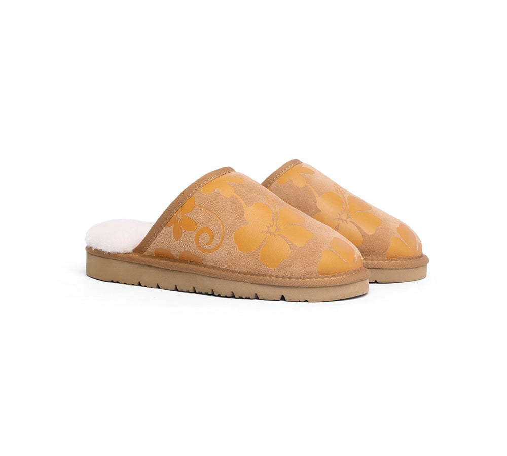 EVERAU® Women's UGG Slippers - Genuine Sheepskin Wool Indoor/Outdoor House Shoes with Yellow Floral Print Suede - Size EU40 (US Women's 9-10) - Perfect for Cozy Home Wear, Winter Comfort & Gift Giving
