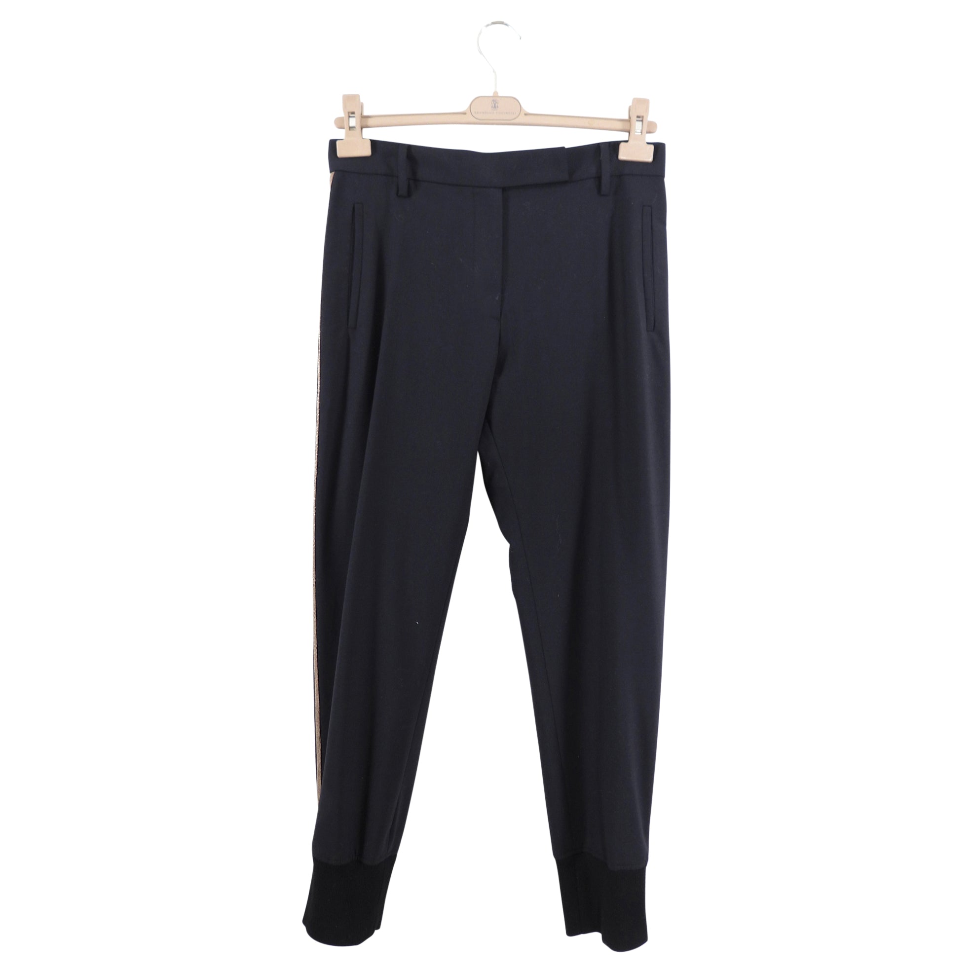 Brunello Cucinelli Black Wool Elastic Waist Tapered Trousers for Women - Size S (US 4/6) - Comfortable Stretch Pants for Office, Business Casual & Travel