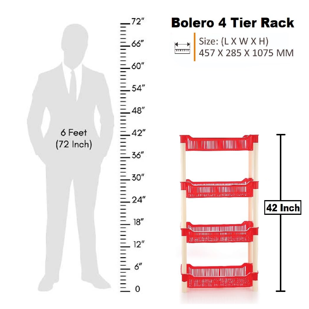 MOLTRES Bolero 4-Tier Multi-Purpose Storage Rack for Office Kitchen Bathroom - 45x28x107cm Free Standing Organizer Shelf (Red) | Space Saving Solution for Small Rooms & Clutter Organization