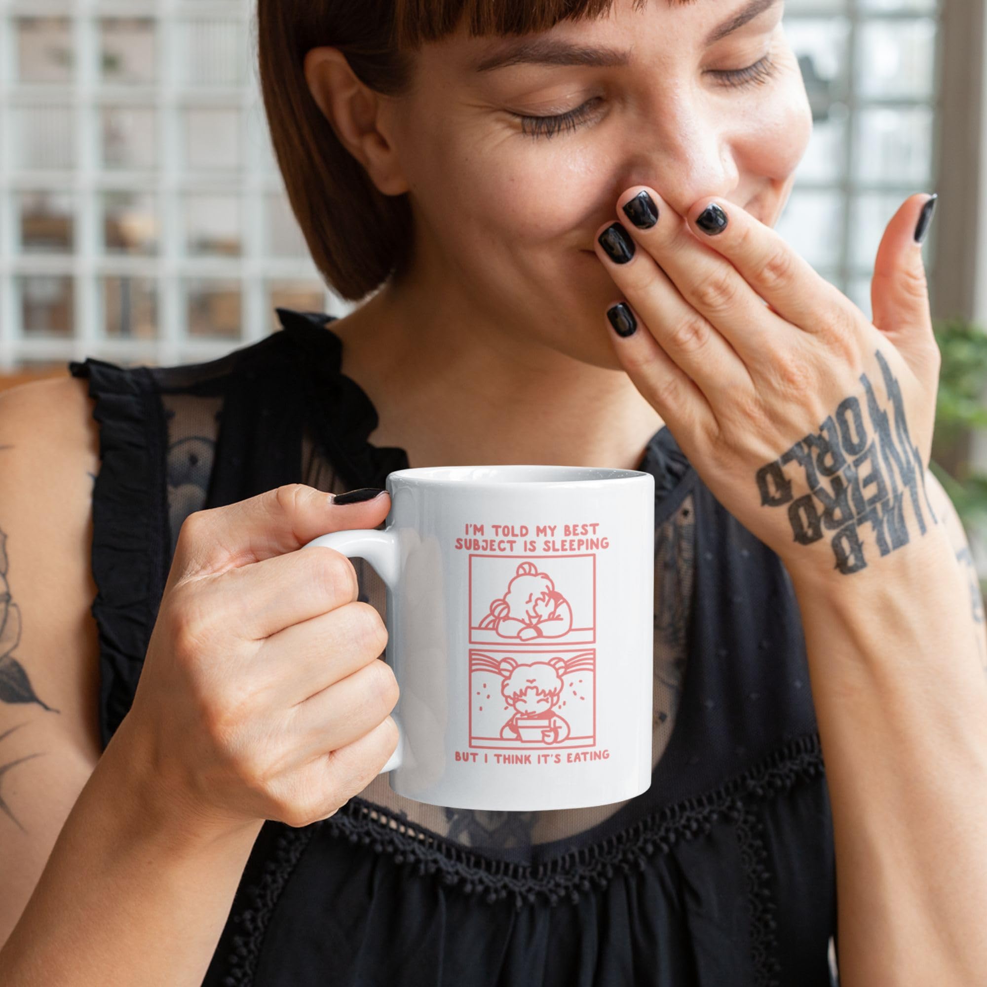 LookHUMAN Funny Anime Coffee Mug - Double-Sided Print 11oz Ceramic Cup with 'My Best Subject Is Sleeping' Design | Unique Gift for Students, Office Workers & Anime Lovers | Perfect for Home, Office & Dorm Use