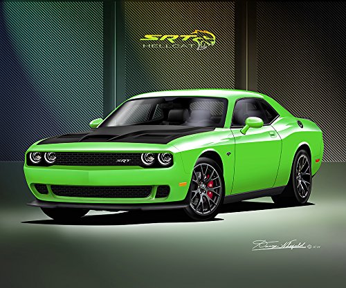 2014-2015 Dodge Challenger Hellcat Sublime Green Art Print Poster - 24x36 Inches - Limited Edition Automotive Wall Decor by Danny Whitfield - Perfect for Car Enthusiast Bedroom, Garage & Man Cave Decor