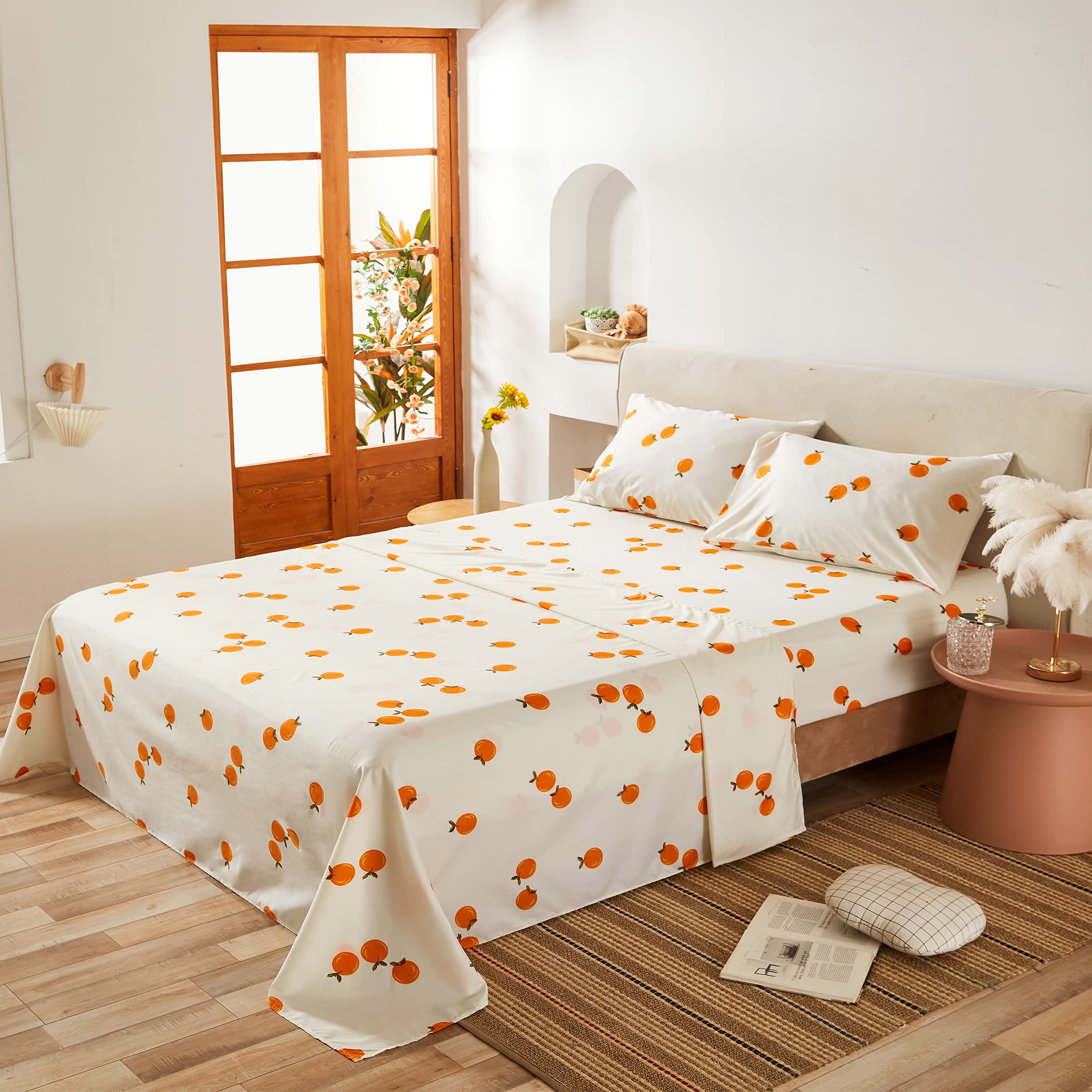 Premium Queen Size Bed Sheet Set - 4 Piece Orange Tangerine Pattern with 14