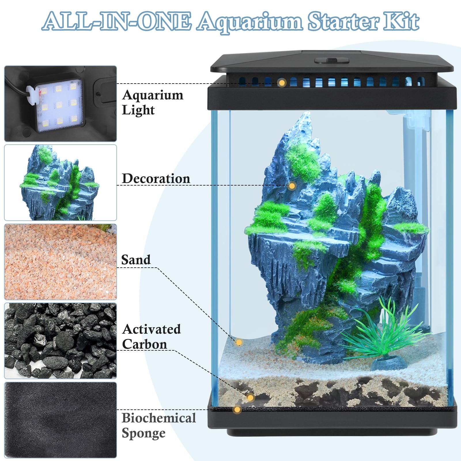 FEDOUR 1 Gallon Small Glass Aquarium Tank - Desktop Betta Fish Bowl with LED Light, Air Pump, Water Changer & Fish Net - Complete Mini Aquarium Starter Kit for Home/Office Decor (Black) | Perfect for Betta Fish, Shrimp or Small Aquatic Plants in Bedroom, Living Room or Workspace