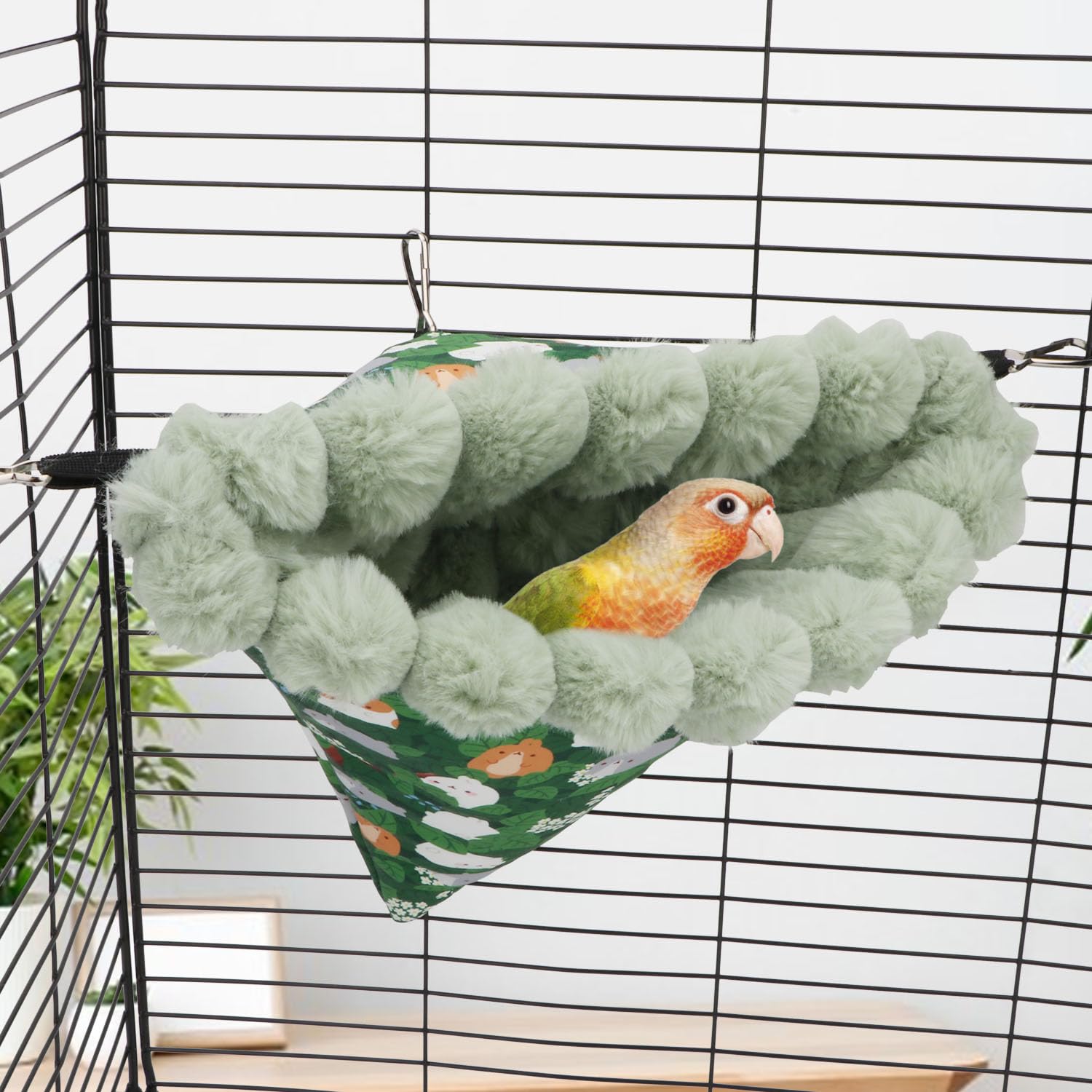 Wontee Warm Hanging Bird Nest House - Cozy Winter Hammock Bed for Parakeets, Budgies, Caiques, Conures & Cockatiels (Large, Green) - Perfect Indoor Bird Cage Accessory for Snuggling & Resting