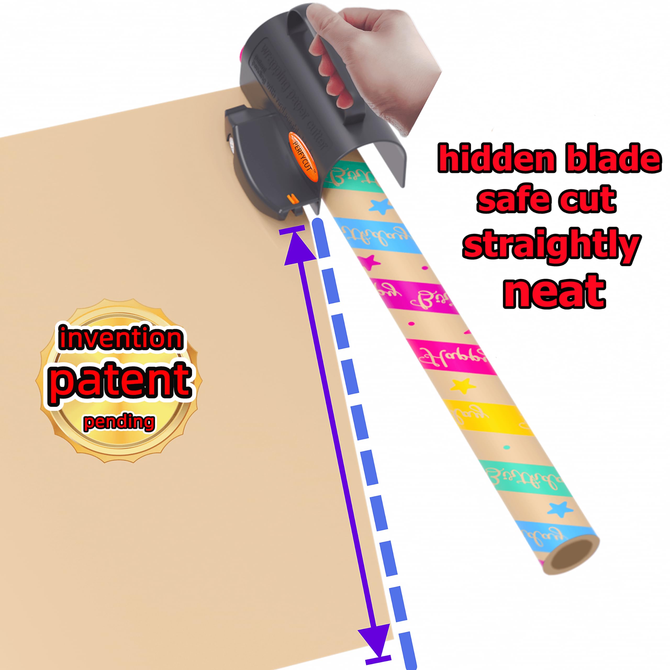 Premium Wrapping Paper Cutter with 3 Replaceable Blades - Gift Wrapping Tool for Birthday, Christmas & Holiday Presents - Easy Sliding Slicing & Tube Holder - Perfect for Home, Office & Crafting Projects