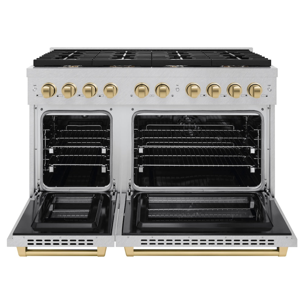 ZLINE Autograph Edition 48-Inch 6.7 cu. ft. Dual Fuel Range with 8-Burner Gas Cooktop - Satin Stainless Steel & Champagne Bronze Accents (SDRSZ 48 CB) - Perfect for Gourmet Cooking & Large Family Kitchens