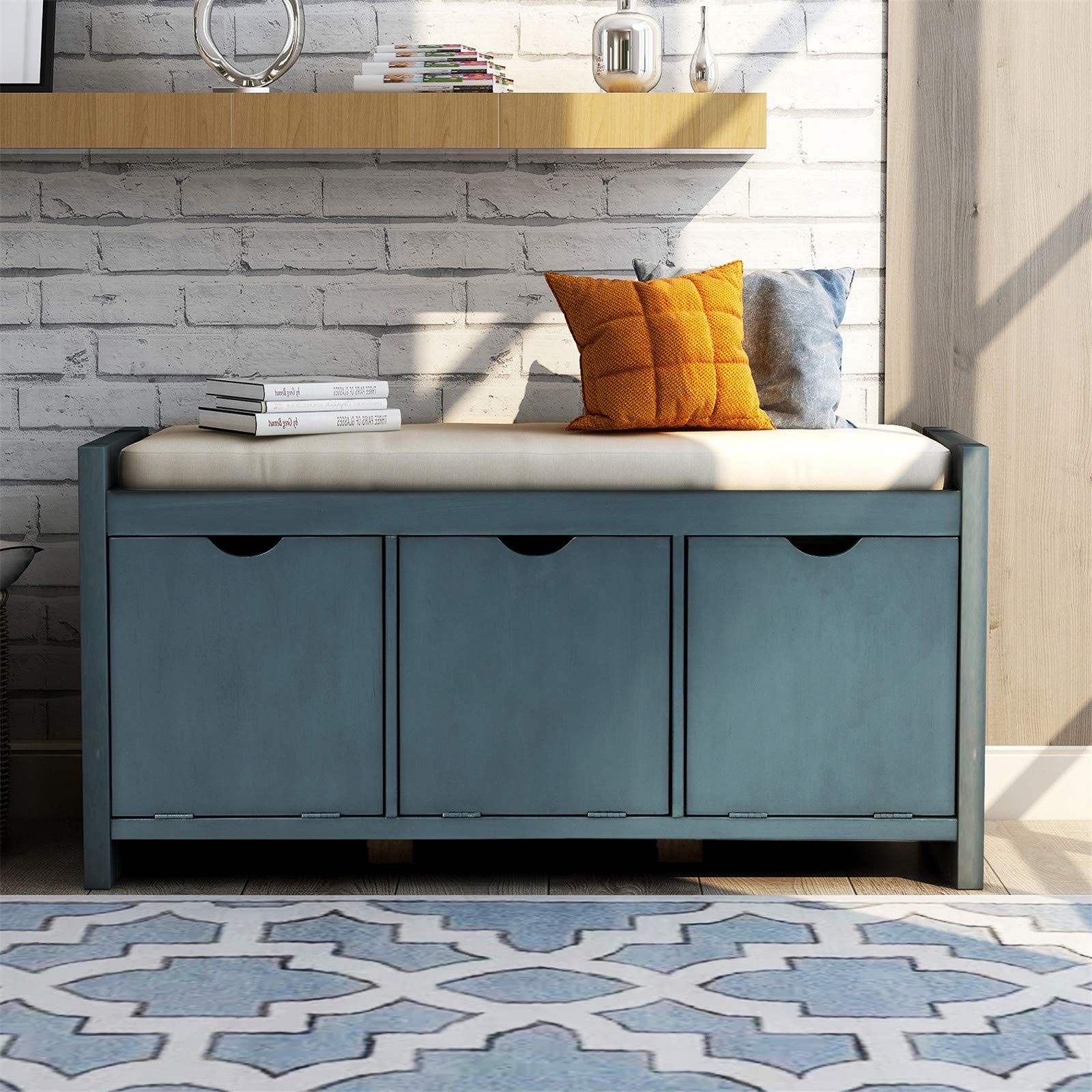 Storage Bench with Removable Cushion & 3 Cubbies - Entryway Bench for Bedroom, Living Room, Hallway | Multi-Functional Seating & Footrest with Hidden Storage | Perfect for Small Spaces, Entry Organizer & Shoe Storage
