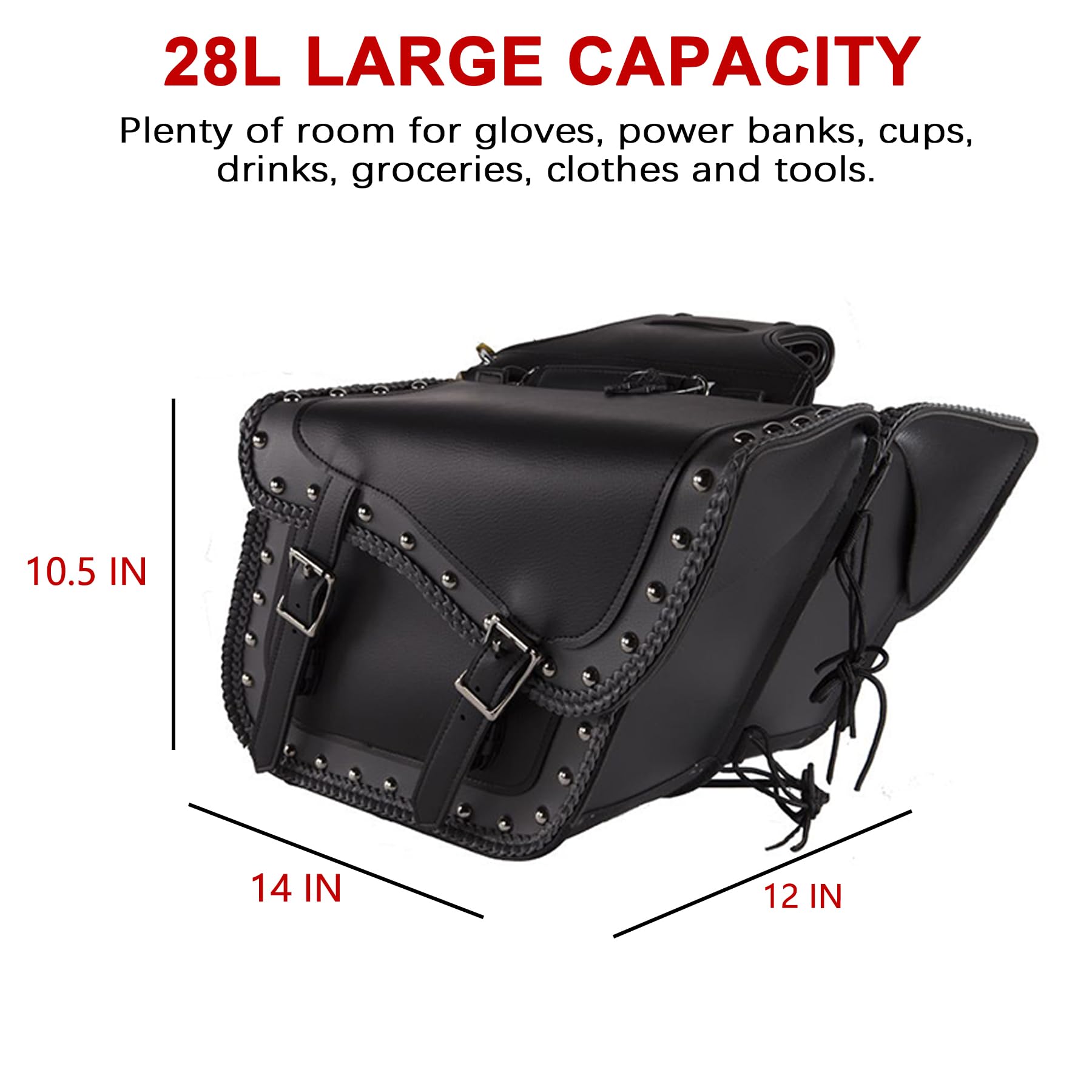 Faux Leather Motorcycle Saddle Bags with Studs - Universal Throw Over Side Bags for Honda Shadow, Sportster, Softail, Dyna & V-star (Black & Grey) - Waterproof PVC Storage for Cruiser Bikes, Road Trips & Daily Commuting