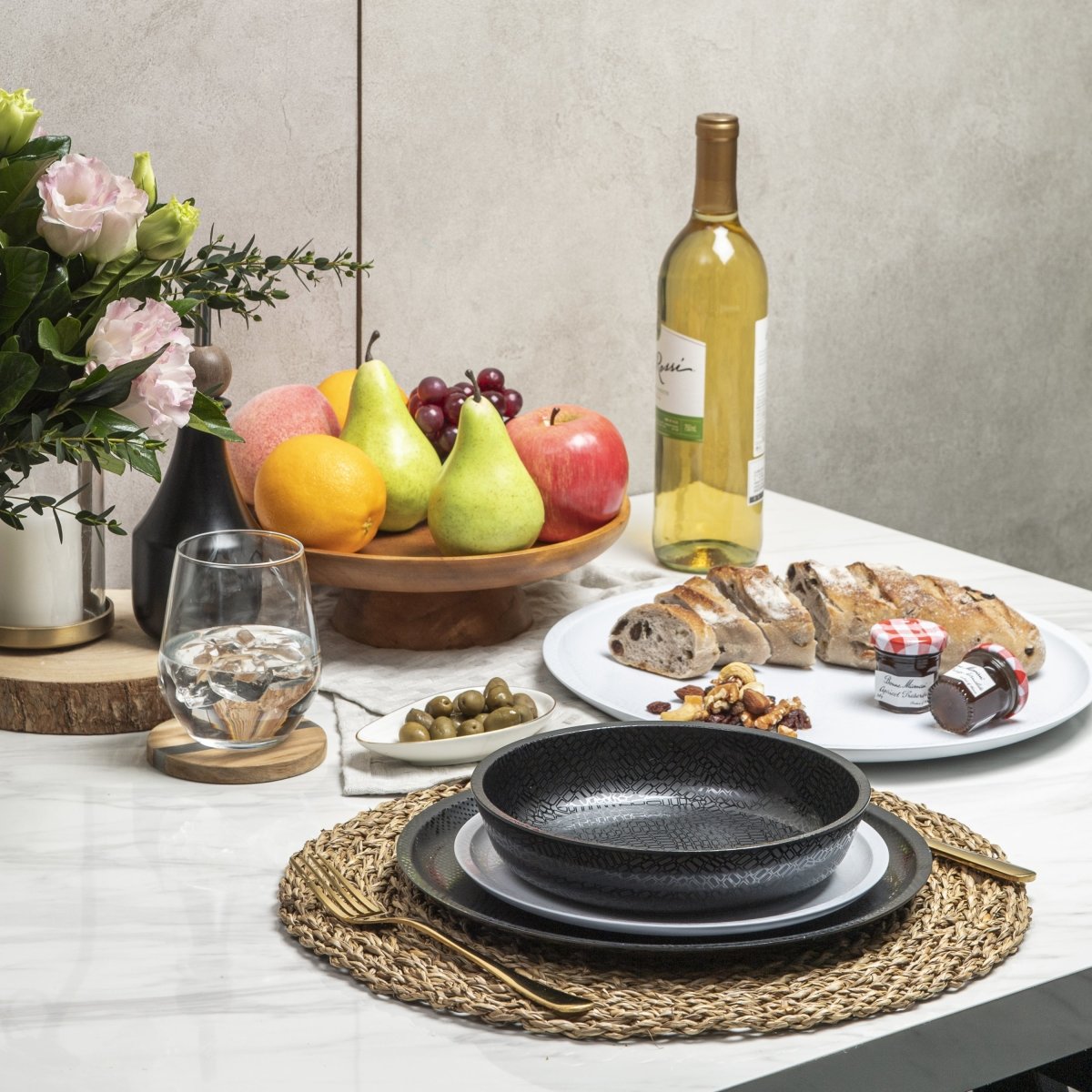 12-Piece Black Melamine Dinnerware Set - Durable Plates & Bowls for Outdoor Dining, Camping, and Picnics