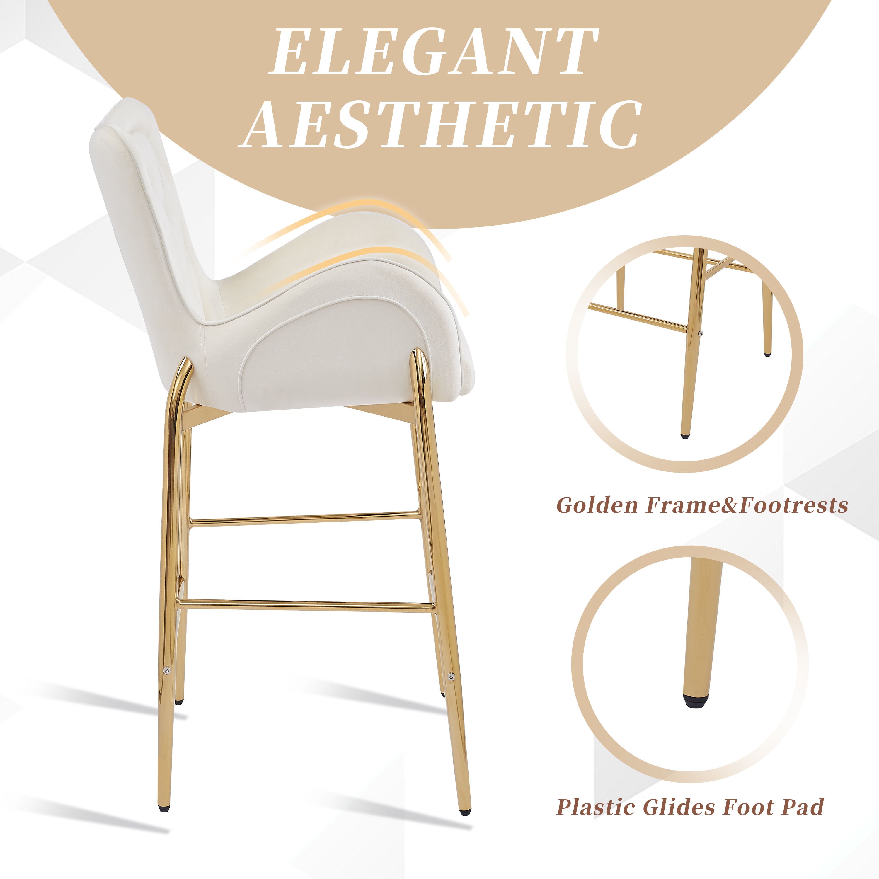 28.75 Inch Counter Height Bar Stools Set of 2 - Velvet Upholstered Barstools with Golden Metal Legs, Adjustable Swivel Bar Chairs for Kitchen Island, Breakfast Nook & Home Bar Decor