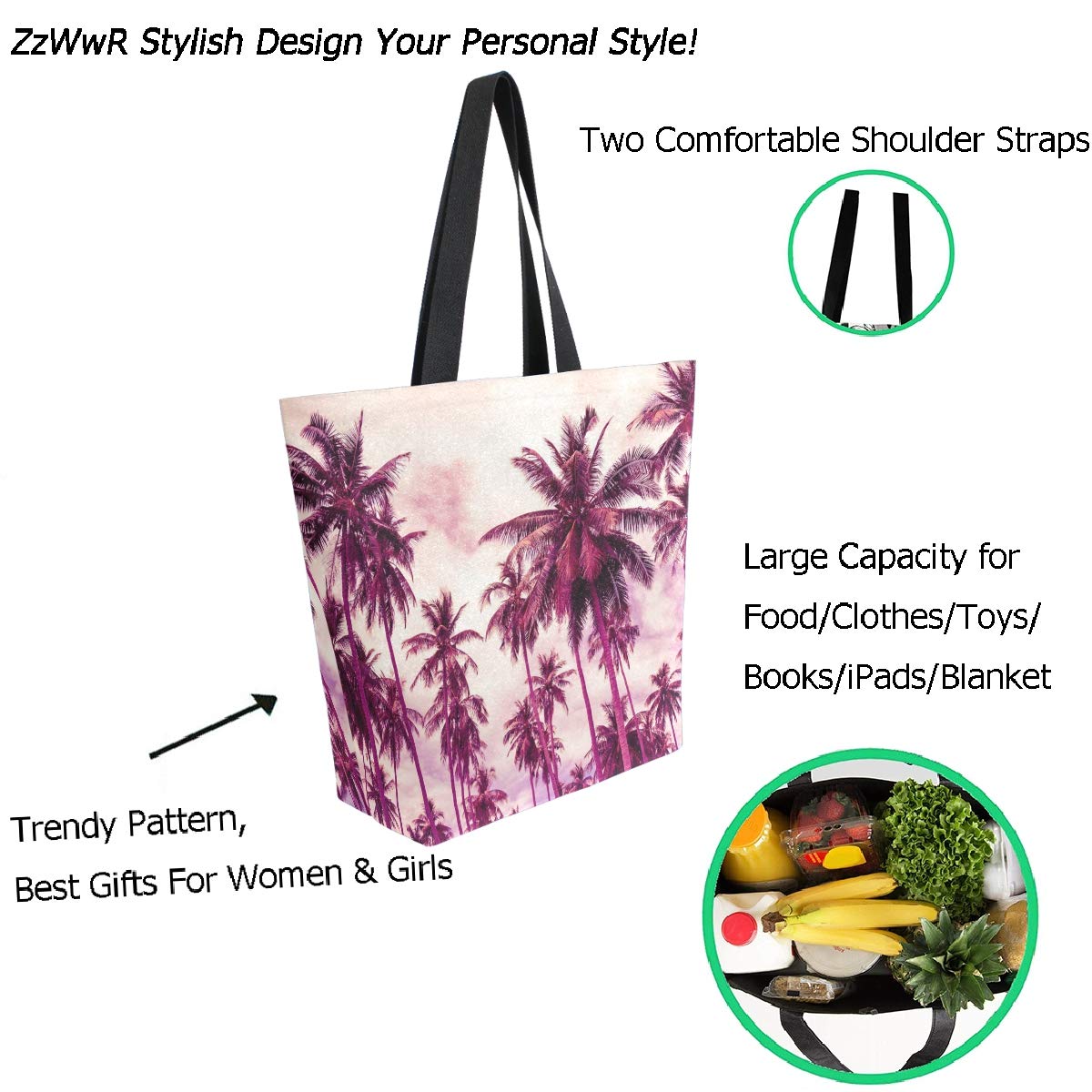 Stylish Extra Large Canvas Tote Bag with Tropical Coconut Palm Trees Print - Reusable Grocery Shopping Bag, Beach Travel & Market Tote - Perfect for Groceries, Picnics, Beach Trips and Daily Errands
