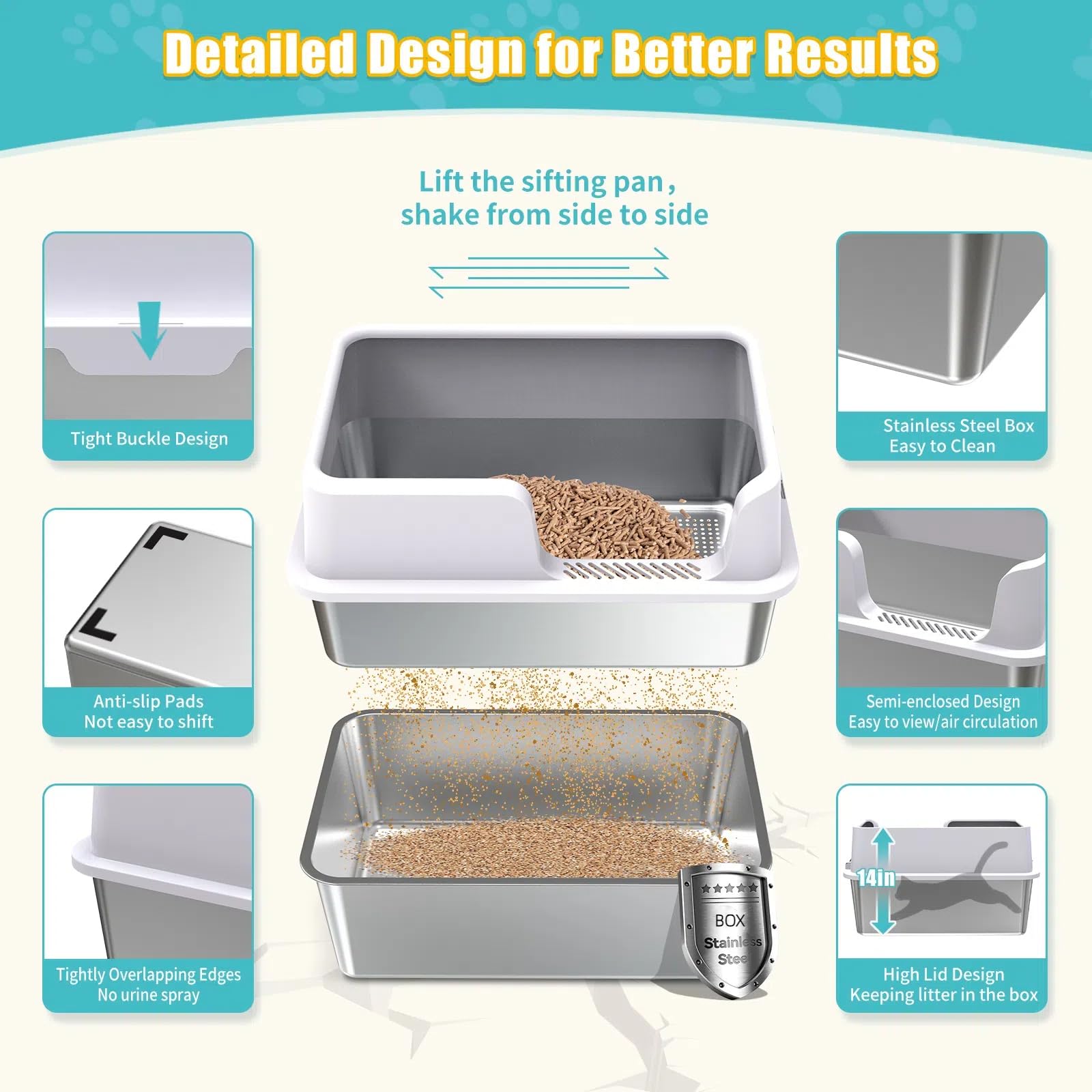 XL Stainless Steel Sifting Cat Litter Box with Sifting Tray & Bottom Pan - High Sided, No Mess, Odor Control, Easy Clean Metal Litter Box with Scoop & 10 Liners - Perfect for Multi-Cat Homes & Odor-Sensitive Spaces