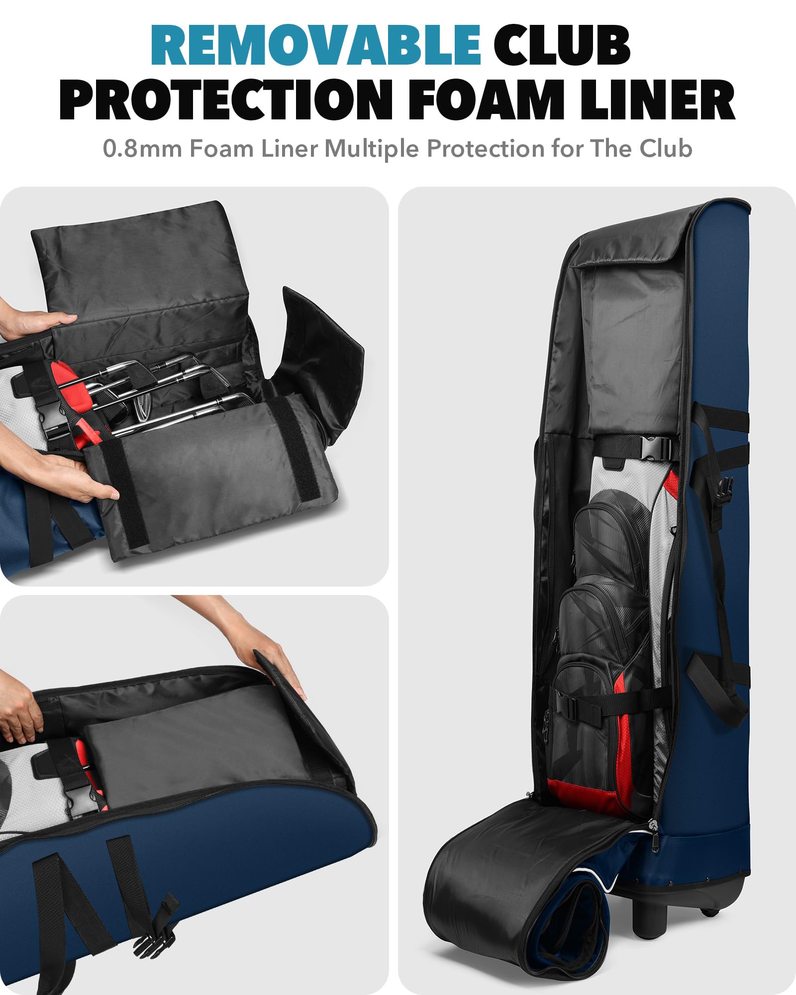 Findway Golf Travel Bag with Wheels - 1680D Heavy Duty Oxford Wear-Resistant Soft Foldable Golf Club Case for Airlines, Universal Size with Removable Club Protection Liner (Upgraded) - Perfect for Air Travel and Golf Tournaments