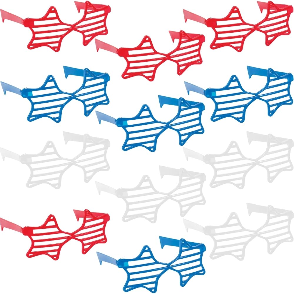 Fun Express RWB Star Shaped Shutter Shade Sunglasses (1 Dozen) - Bulk Party Favors for Patriotic Events, 4th of July Celebrations & Costume Parties