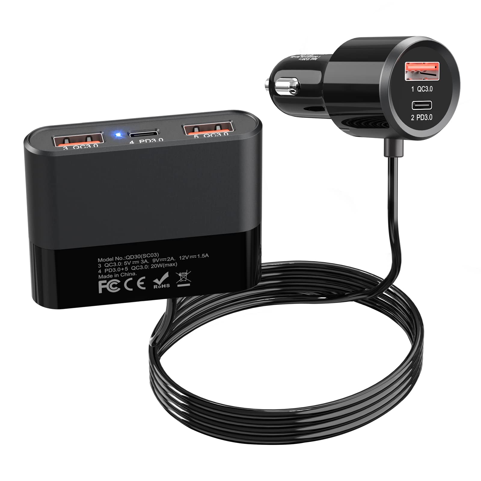 74W 5-Port Multi USB Fast Car Charger with USB-C & QC3.0/PD3.0 - 5FT Cable for iPhone, iPad, Android Smartphones & Tablets - Front & Back Seat Charging for Road Trips & Family Travel