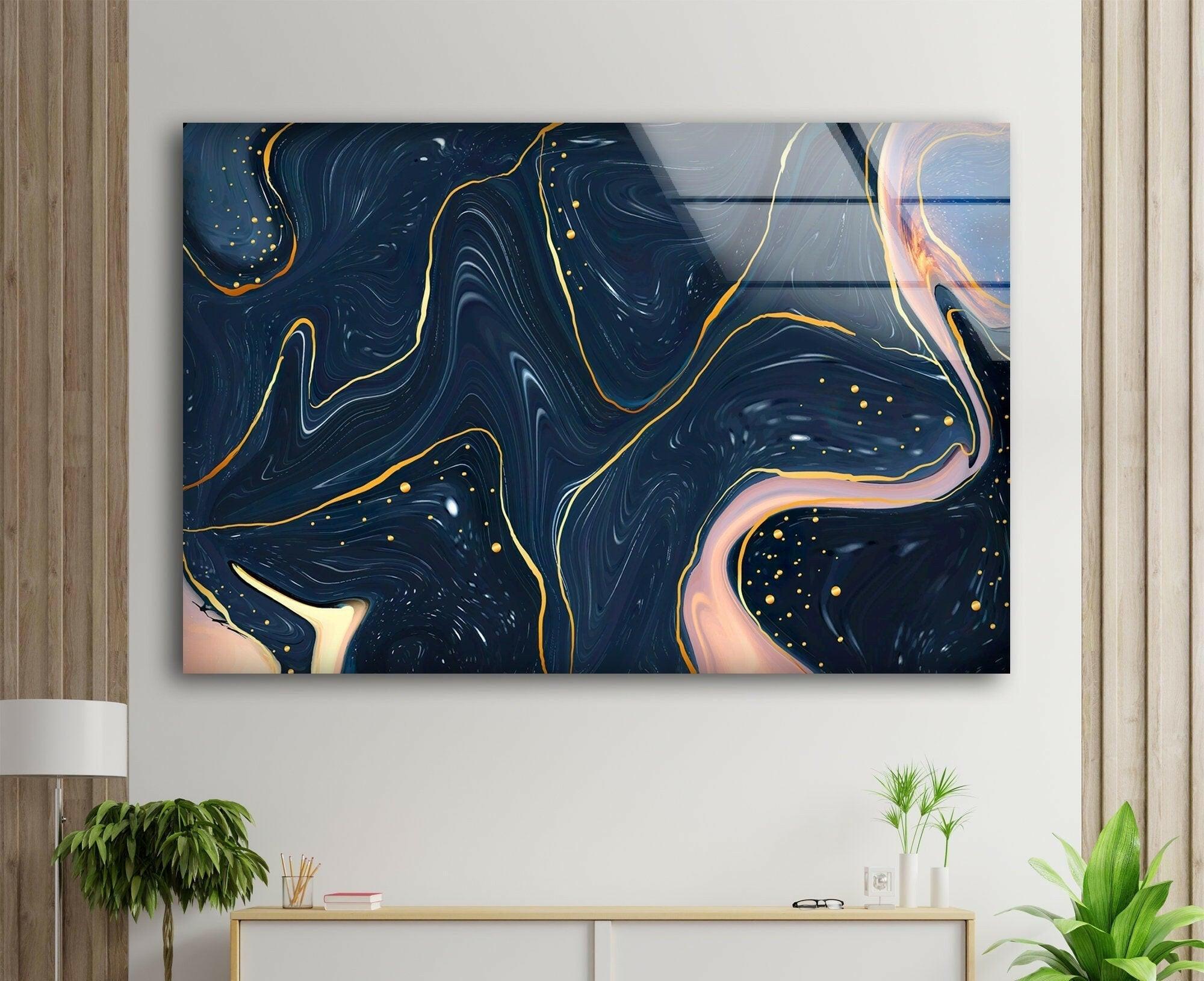 Abstract Dark Blue Glass Wall Art - Modern Handmade Decor for Living Room, Bedroom & Office - Unique Home & Office Decoration